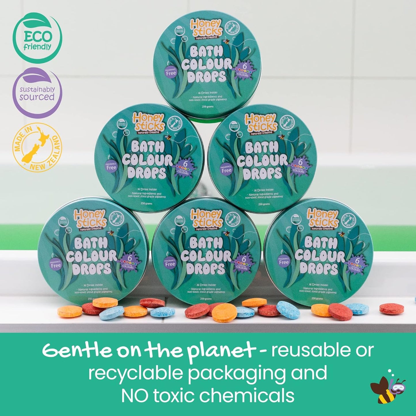 Bath Colour Tablets for Kids - Non Toxic Bathtub Drops Made with Natural Ingredients and Food Grade Colours - Fragrance Free - Fizzy, Brightly Coloured Bathtime Fun, Great Gift - 36 Drops