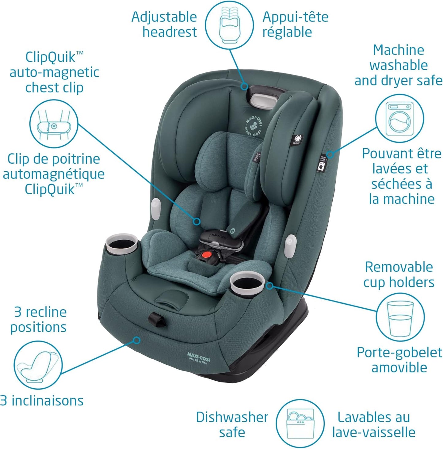 Pria All-In-One Car Seat, 3In1, Convertible from Infant to Toddler, Rear and Forward Facing, Booster Mode, Washable Seat Cover, Essential Green