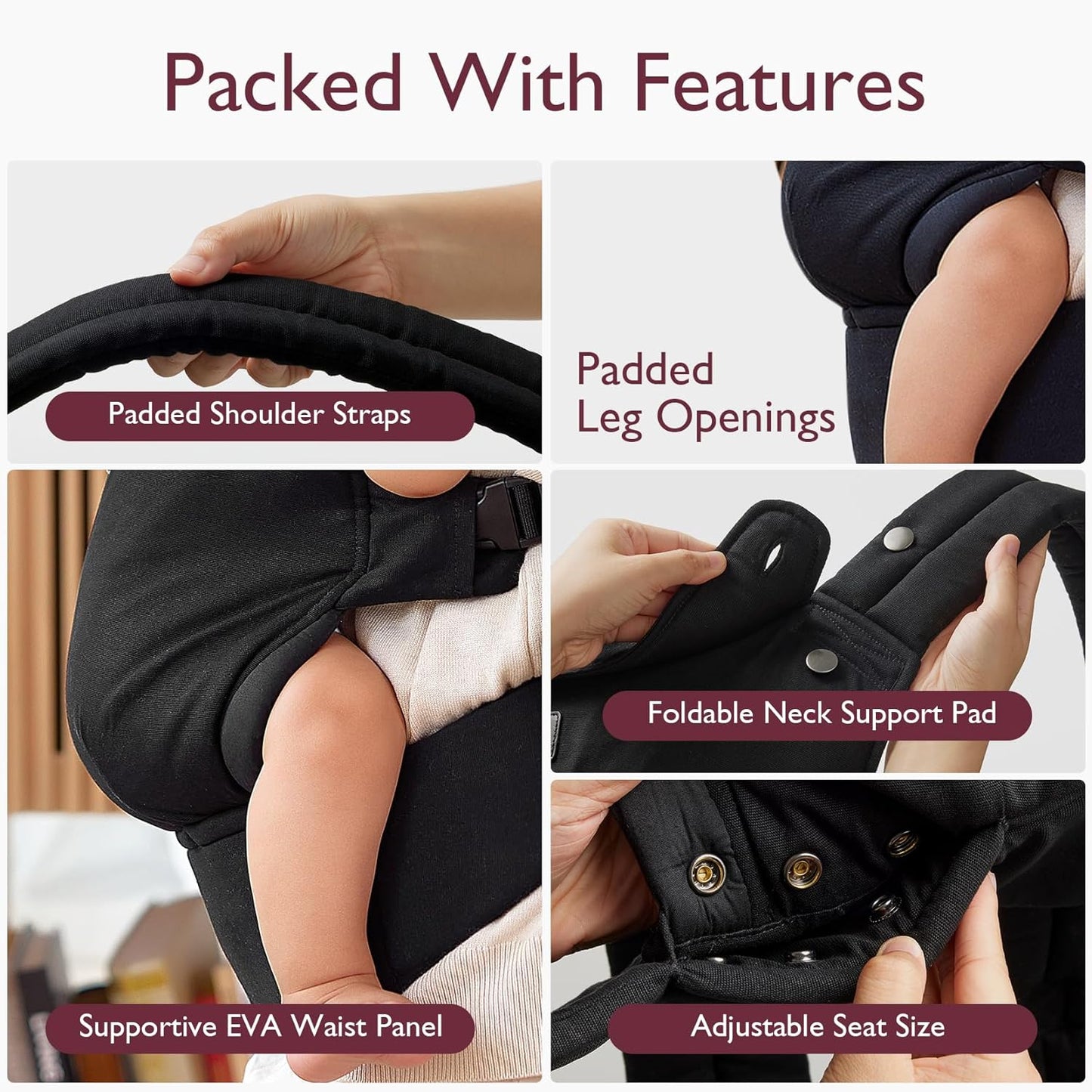 Baby Carrier Newborn to Toddler - Ergonomic, Cozy and Lightweight Infant Carrier for 7-44Lbs, Effortless to Put On, Ideal for Hands-Free Parenting, Enhanced Lumbar Support, Black