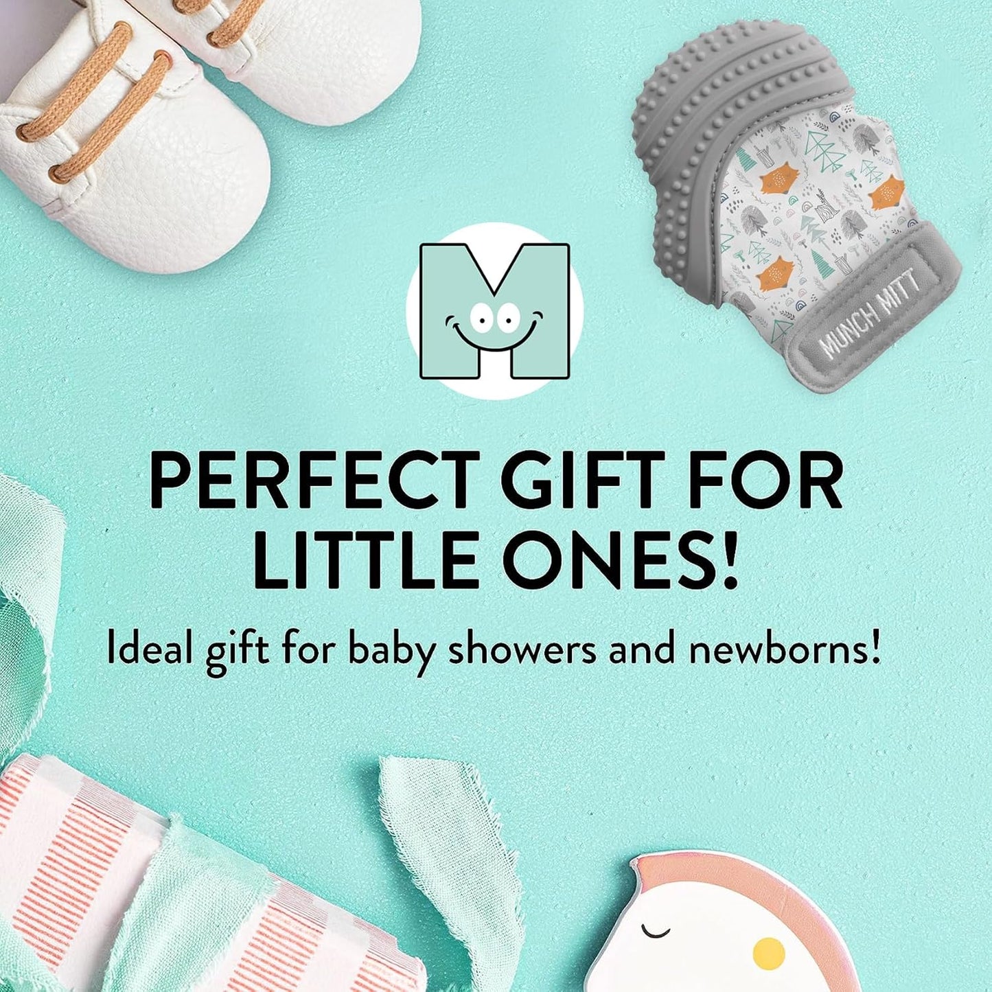 Patented Munch Mitt Baby Teething Mitten – Protects Hands from Chewing & Drool, Soothes Sore Gums, Sensory Toy, Bpa-Free Teether for Babies up to 1-Year-Old - Grey Fox