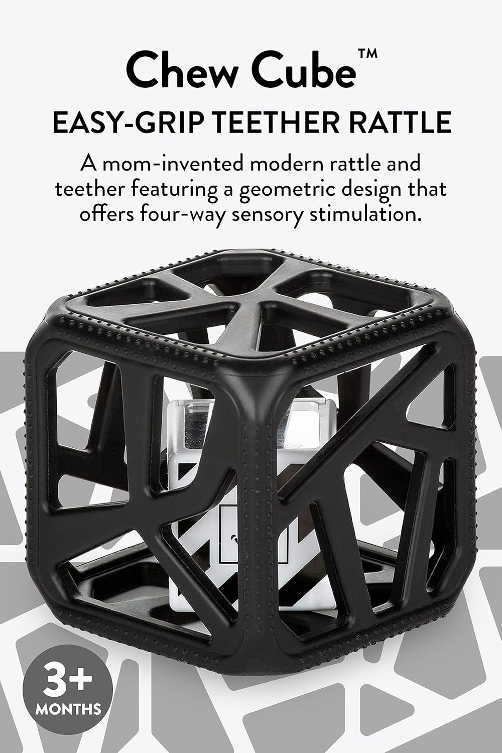 Chew Cube Baby Teething Toy and Rattle, Newborn Teether for Sensory Development, Bpa-Free Silicone, Easy-Grip, Soothes Aching Gums - Black