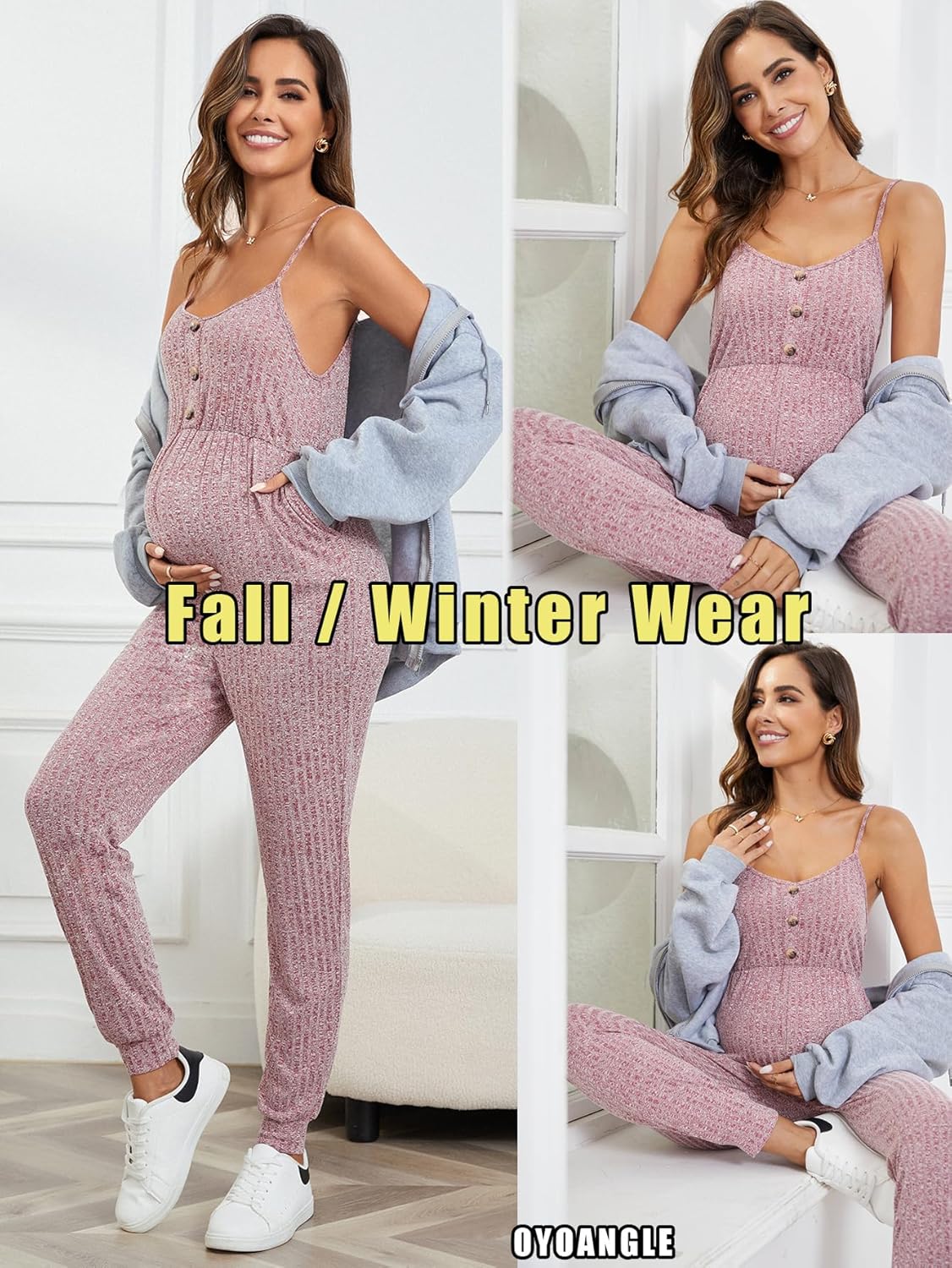 Women'S Maternity Ribbed Knit Cami Jumpsuit Button Spaghetti Strap Pregnancy Romper with Pockets