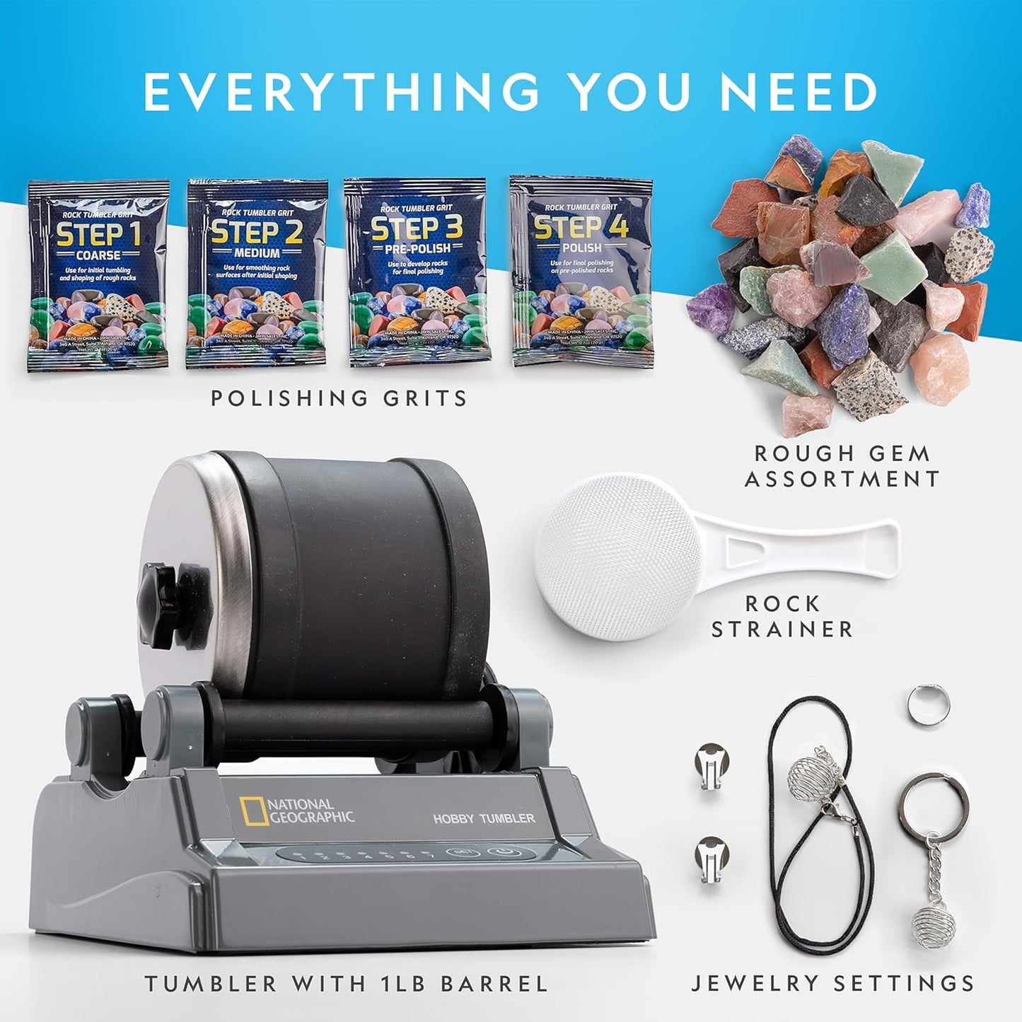 NATIONAL GEOGRAPHIC Hobby Rock Tumbler Kit - Includes Rough Gemstones, 4 Polishing Grits, Jewelry Fastenings, Learning Guide, Great Stem Science Kit