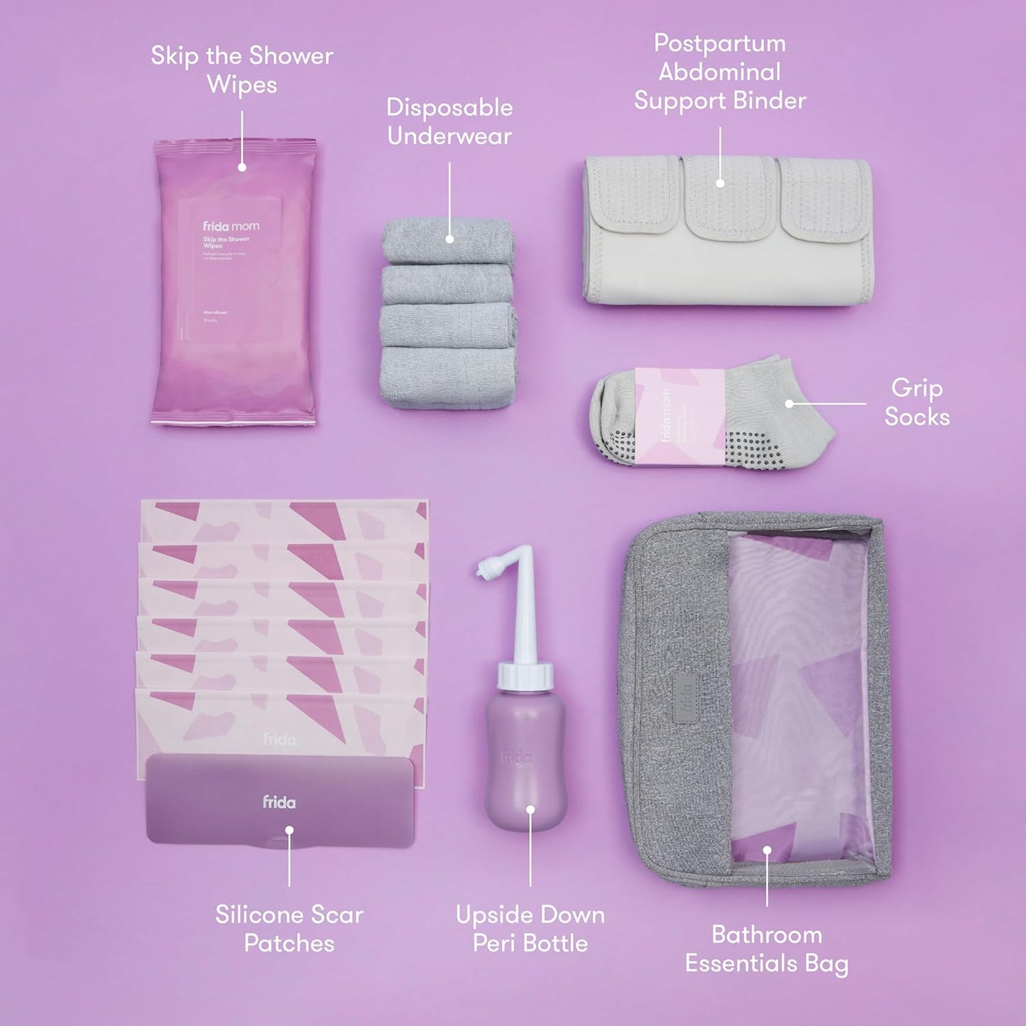 Frida Mom C-Section Recovery Must Have Kit for Labor, Delivery, & Postpartum, Socks, Peri Bottle, Disposable Underwear, Abdominal Support Binder, Shower Wipes, Silicone Scar Patches, & Toiletry Bag