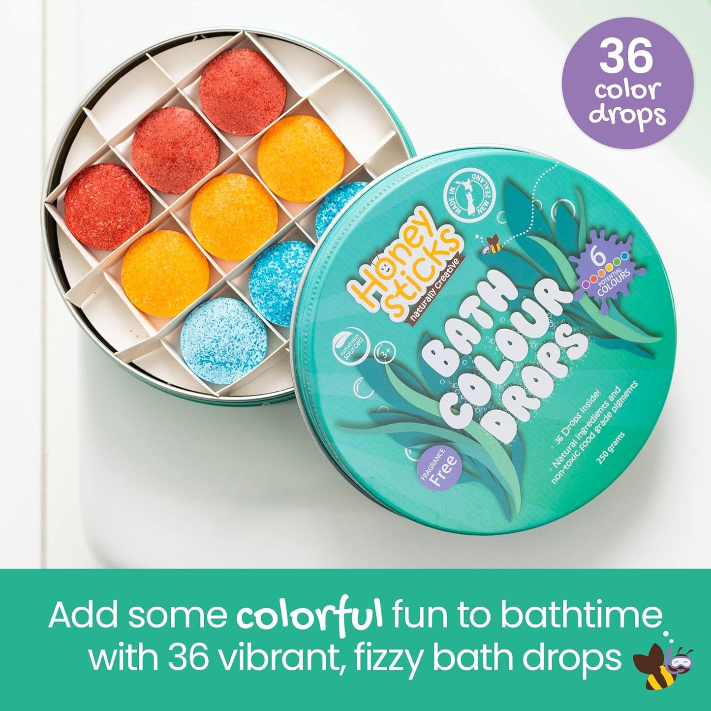 Bath Colour Tablets for Kids - Non Toxic Bathtub Drops Made with Natural Ingredients and Food Grade Colours - Fragrance Free - Fizzy, Brightly Coloured Bathtime Fun, Great Gift - 36 Drops