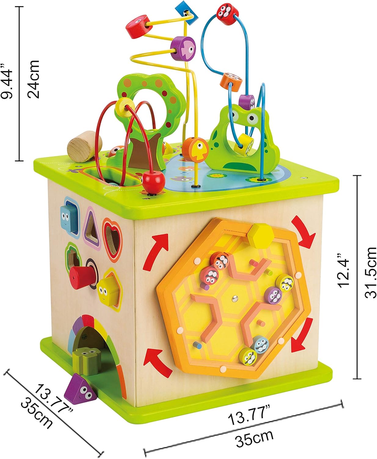 Country Critters Wooden Activity Play Cube by International International International | Wooden Learning Puzzle Toy for Toddlers, 5-Sided Activity Center with Animal Friends, Ss, Mazes, Wooden Balls, S Sorter Blocks and More