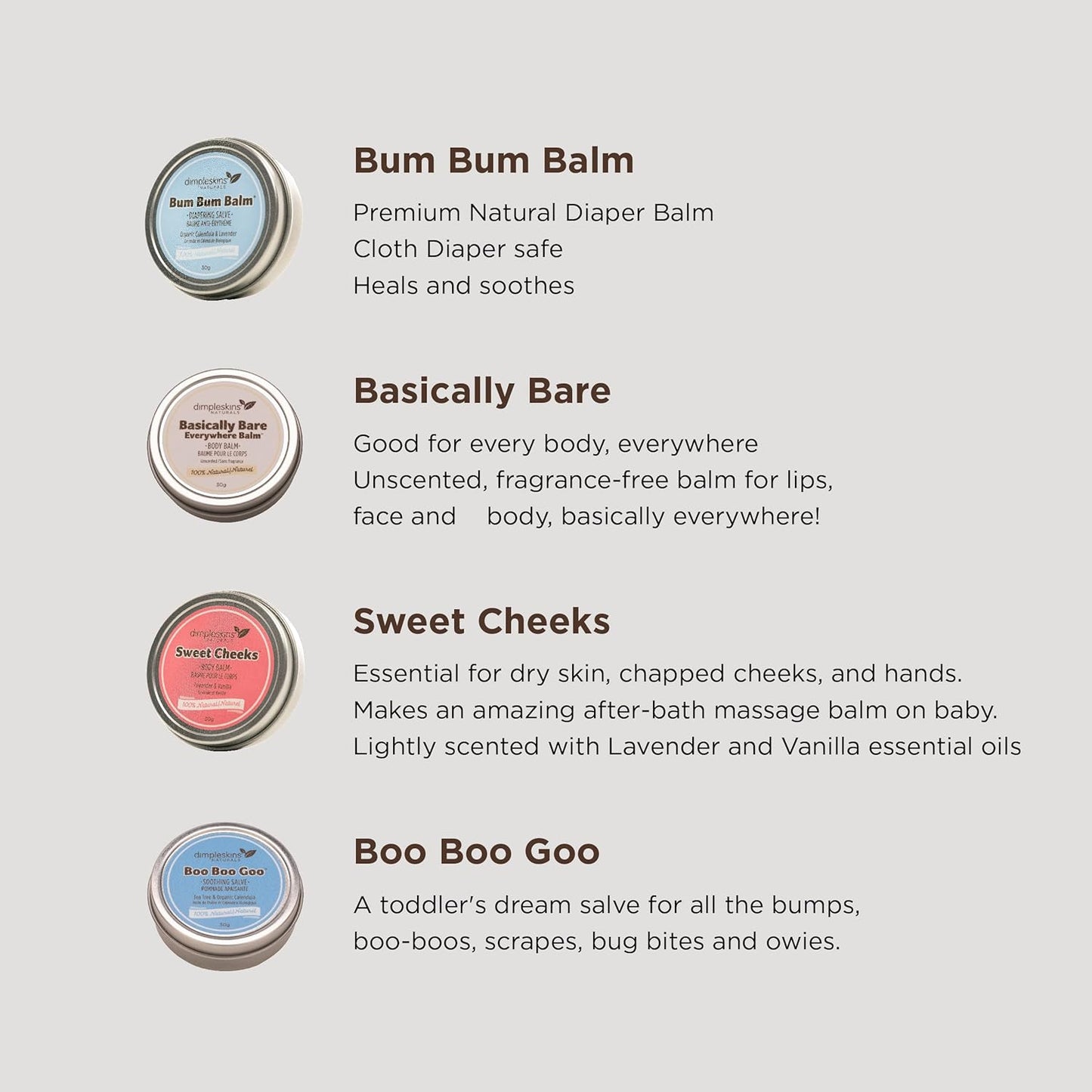 Dimpleskins Baby Gift Set All-Natural (4 Tins of 30 Grams) | Bum Bum Balm | Everywhere Balm | Cheeks Moisturizer | Boo Boo Goo | Baby Essentials for Diaper Bag | Soothe Skin with Calendula and Beeswax