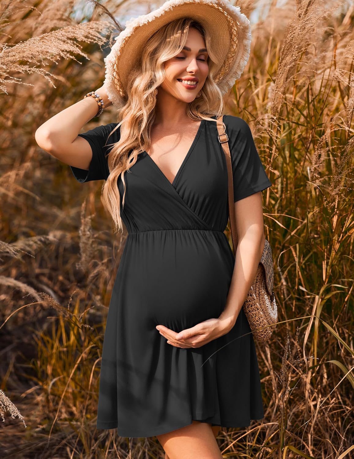 Maternity Dress Short Sleeve Nursing Dresses V Neck Ribbed Knit Breastfeeding Clothes S-XXL