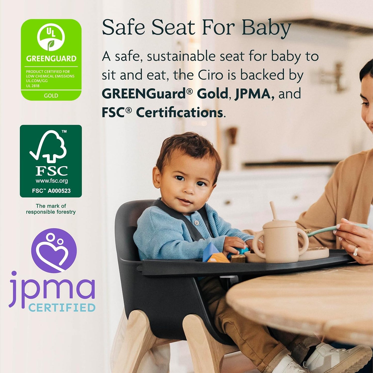 Ciro High Chair/Sleek, Easy-To-Clean Design/Perfect-Fit Tray to Bring Baby to Table/Patent-Pending Harness/Dual-Position, 180-Degree Rotating Footrest/Jake (Charcoal/Rubberwood)