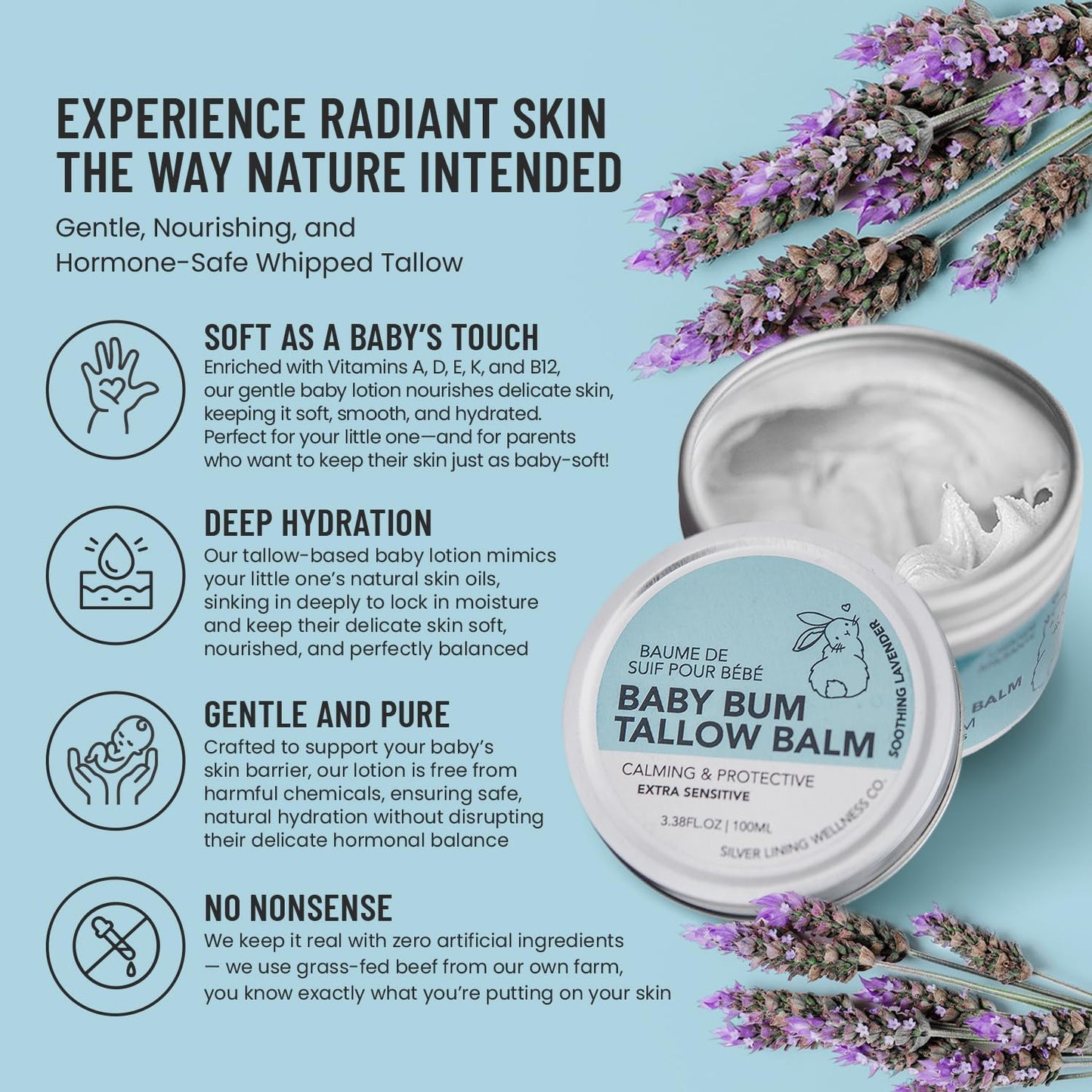 Whipped Beef Tallow Face Cream, Baby Body & Face Moisturizer, Grass Fed Beef Tallow Skincare with Zinc Oxide, Phthalates & Parabens Free, Suif De Boeuf Made in Canada, 3.38Floz, Soothing Lavender
