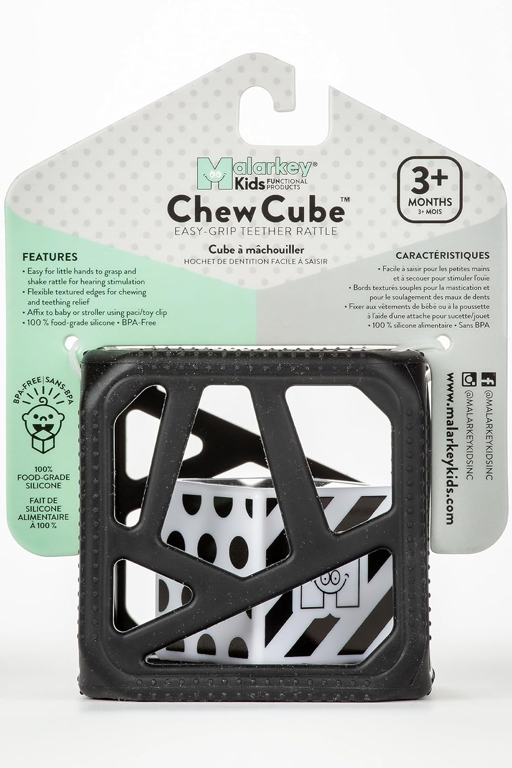 Chew Cube Baby Teething Toy and Rattle, Newborn Teether for Sensory Development, Bpa-Free Silicone, Easy-Grip, Soothes Aching Gums - Black
