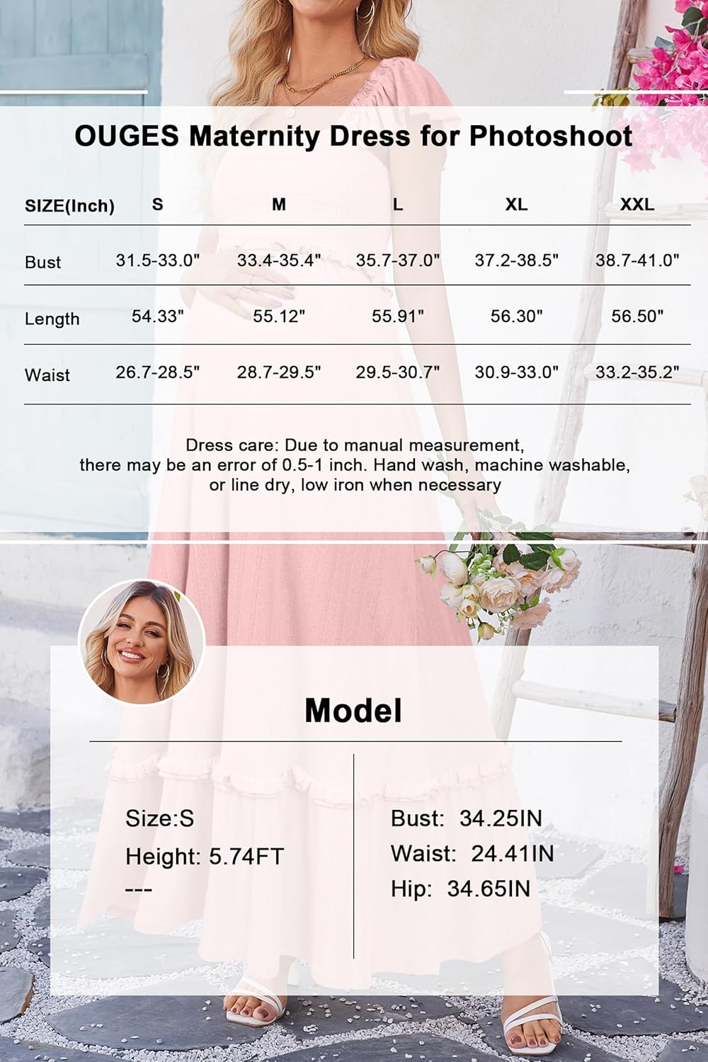 Womens 2025 Summer Maternity Photoshoot Dress Boho Maxi Smocked Baby Shower Dress Ruffle Sleeve Maternity Clothes