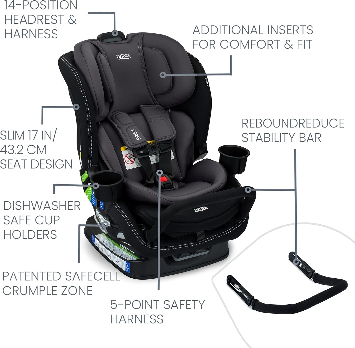 Poplar S Convertible Car Seat, 2-In-1 Design with Clicktight Technology, Stone Onyx