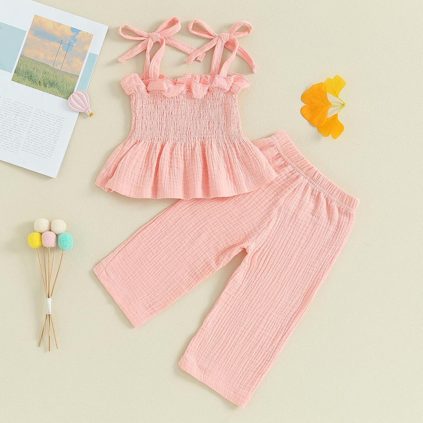 Toddler Baby Girls' 2Pcs Outfits Solid Color Sleeveless Tunic Top Boho Linen Pants Set Girls Summer Clothes