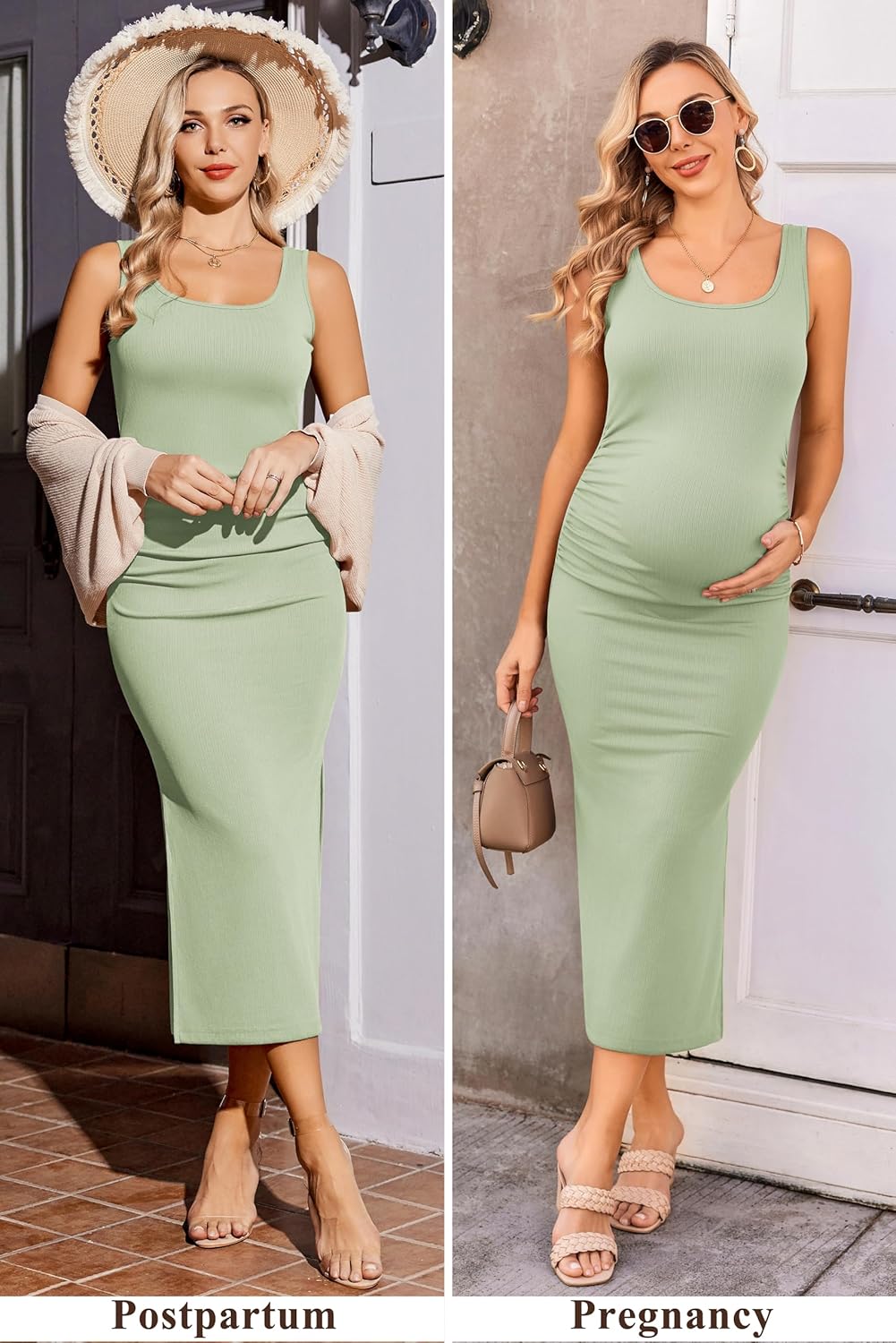 Women Sleeveless Tank Maternity Dress Ribbed Knit Pregnancy Midi Dresses Ruch Side Stretchy Pregnancy Clothes S-XXL