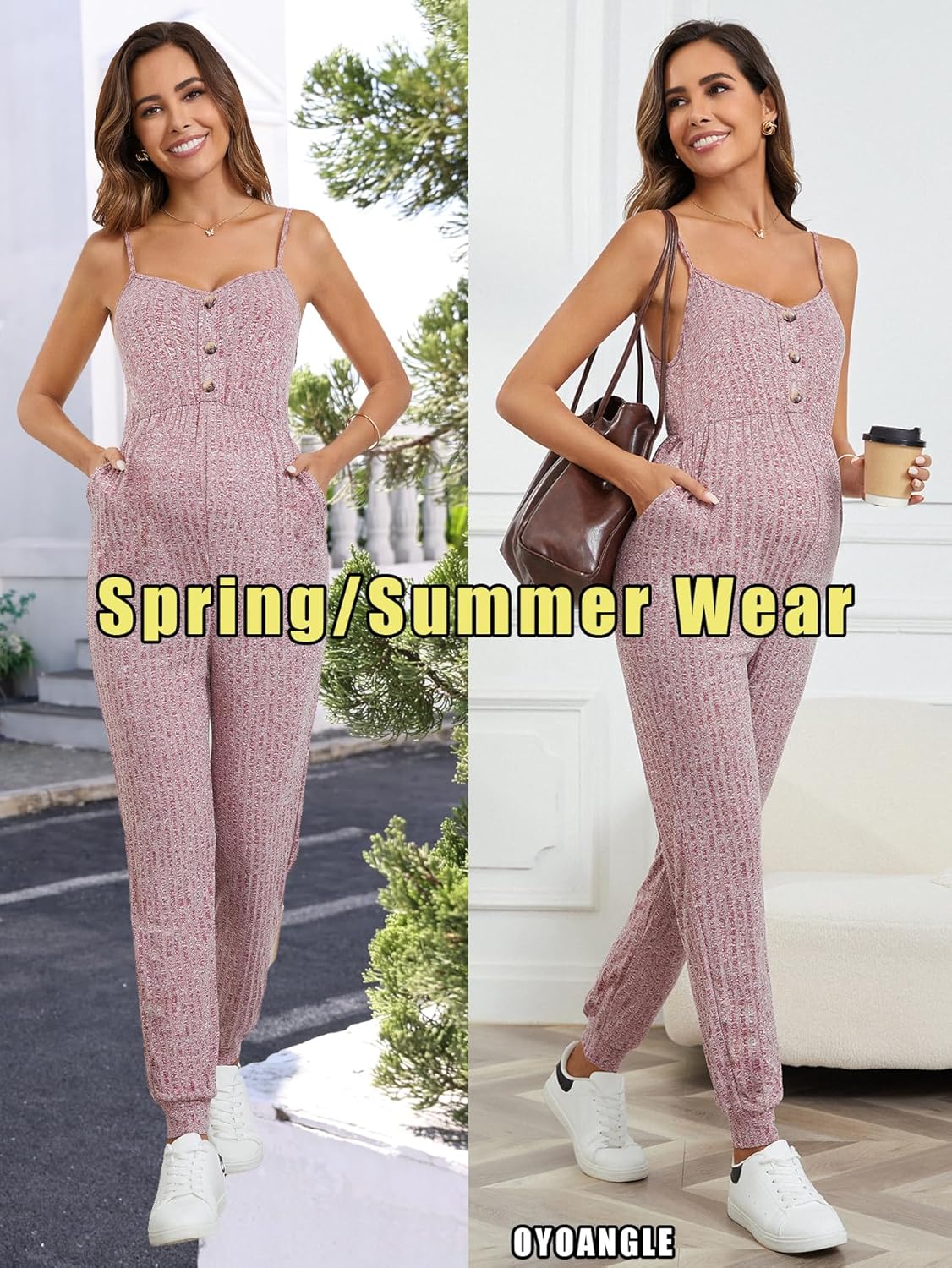 Women'S Maternity Ribbed Knit Cami Jumpsuit Button Spaghetti Strap Pregnancy Romper with Pockets