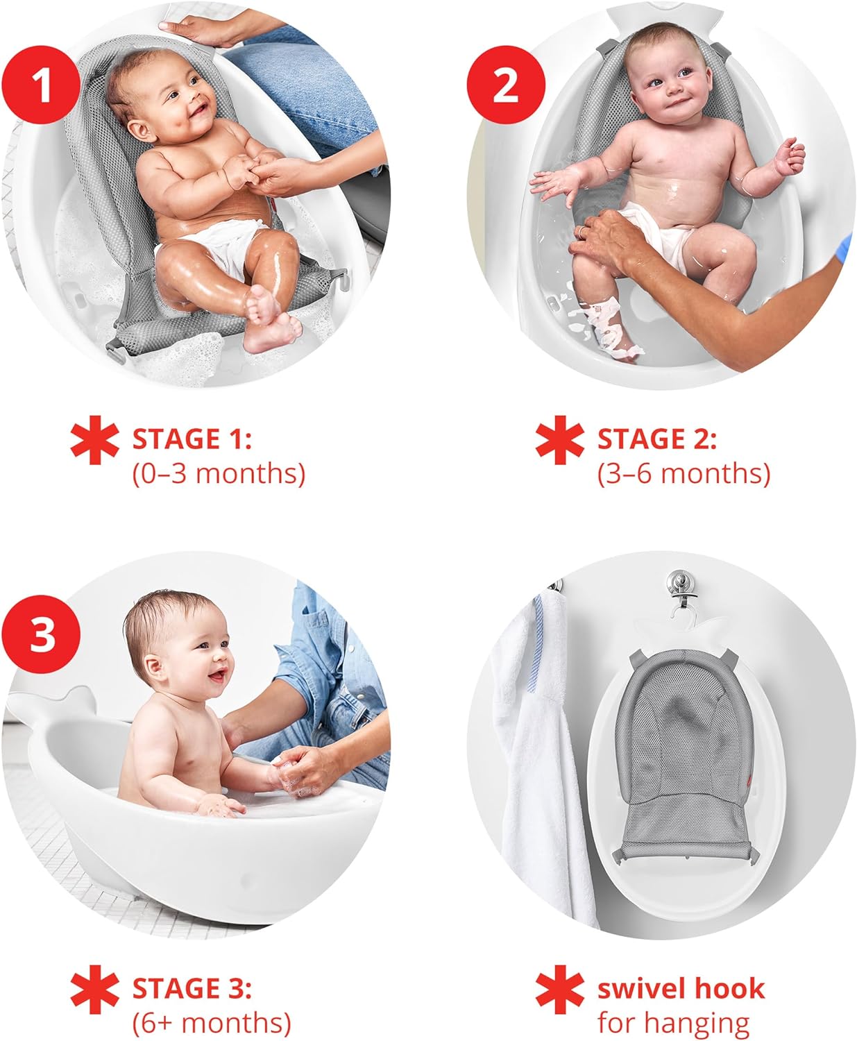 Baby Bath Tub, 3-Stage Smart Sling Tub, Moby, White