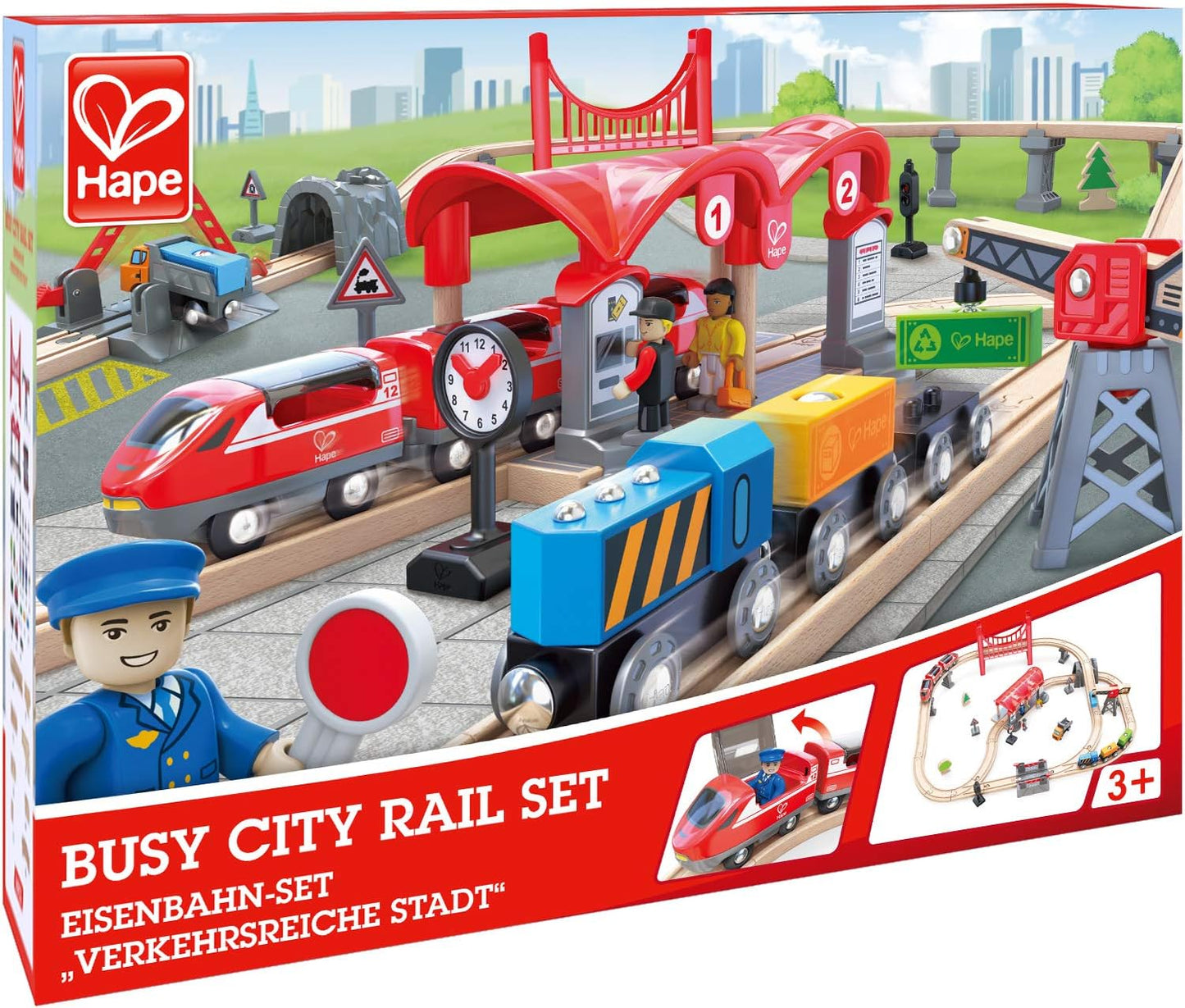 Busy City Train Rail Set | Complete City Themed Wooden Rail Toy Set for Toddlers with Passenger Train, Freight Train, Station, Play Figurines, and More, Multicolor, Model:E3730
