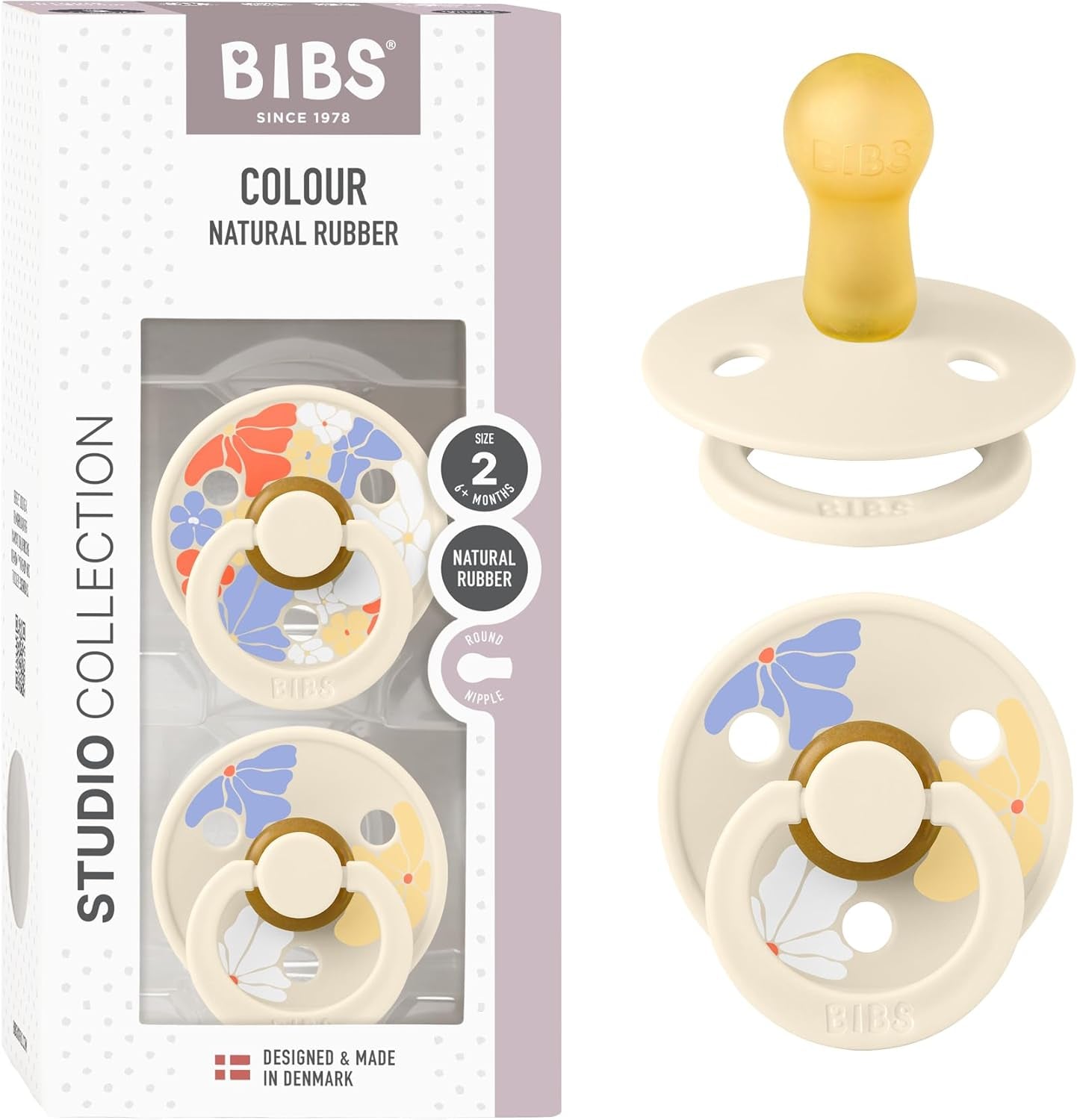 Pacifiers - Studio Collection | Natural Rubber Baby Pacifier | Set of 2 Bpa-Free Soothers | Made in Denmark | Morning Bloom Latex - Ivory Mix | Size 6 to 18 Months
