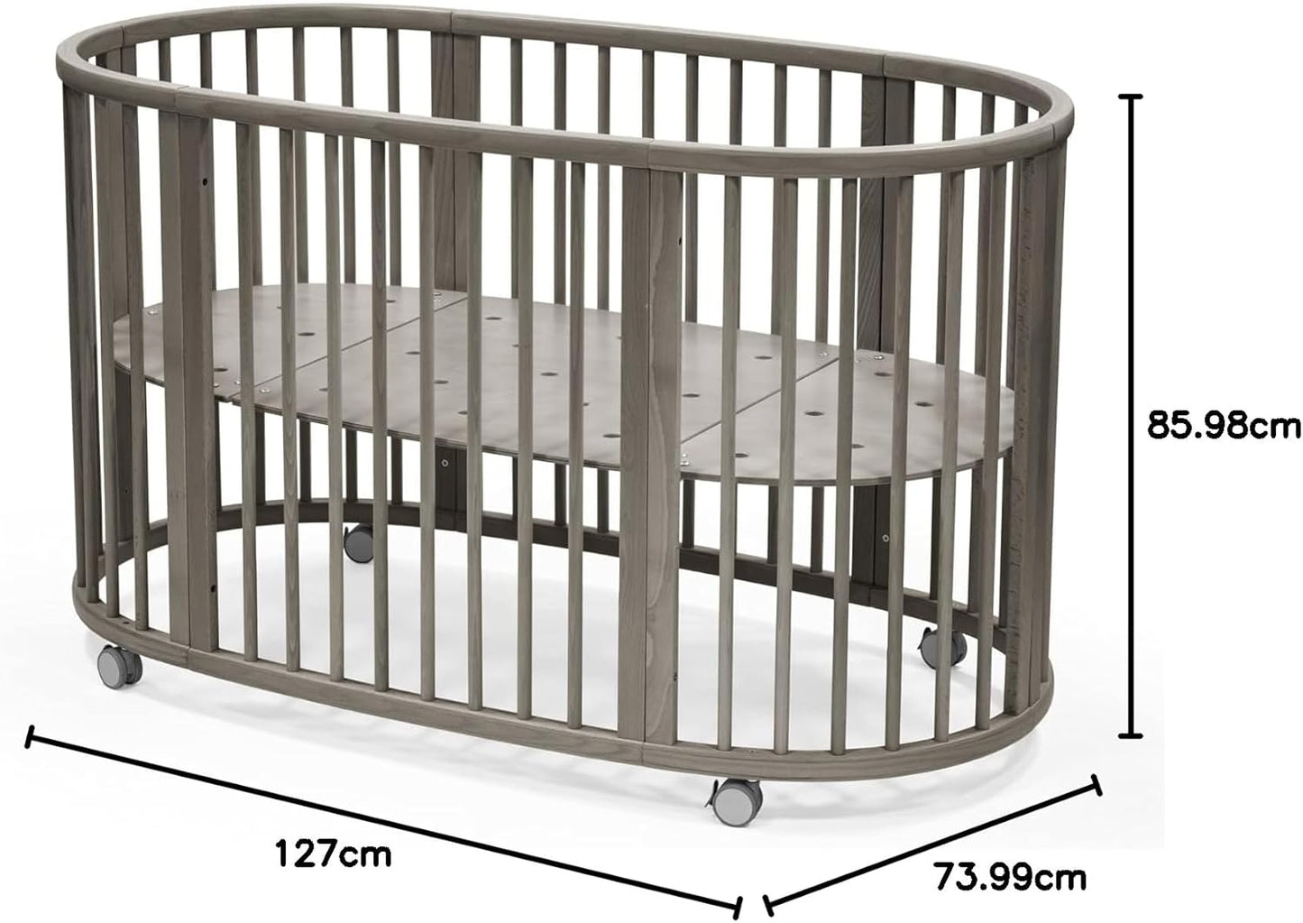 Sleepi Bed, Hazy Grey - Oval Crib Suitable for Ages 0-5 Years Old - Adjustable, Stylish & Flexible - Sturdy Beech Wood Frame