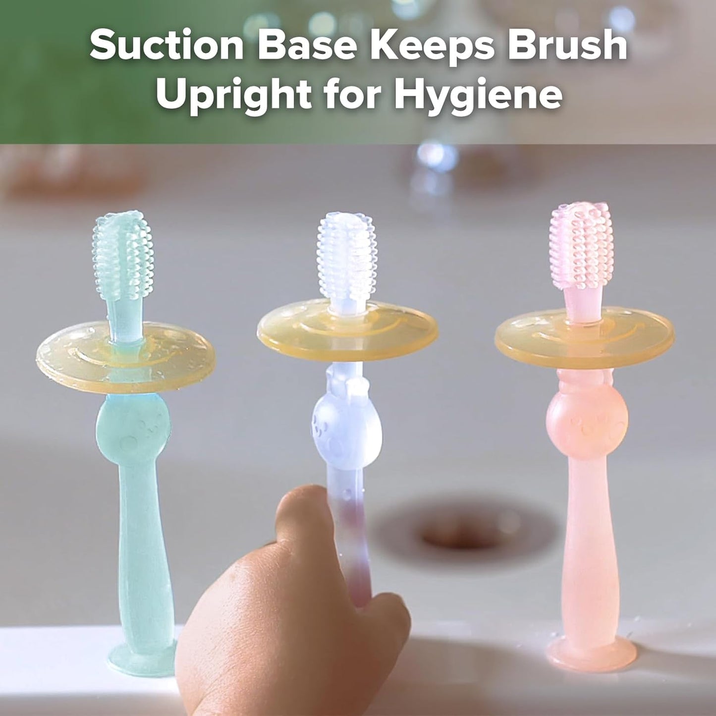 360° Baby Toothbrush with Suction Base - Gentle Cleaning for Infant Self-Brushing Training, Food-Grade Silicone, Adjustable Safety Shield - Translucent (1 Piece)