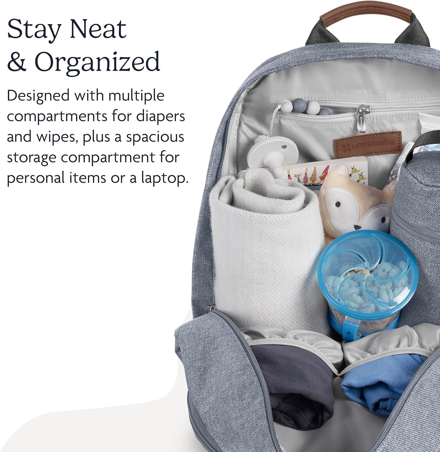 Changing Backpack/Multiple Storage Compartments/Stroller Strap Attachment/Bottle Insulator and Changing Pad Included/Anthony (White and Grey Chenille/Chestnut Leather)
