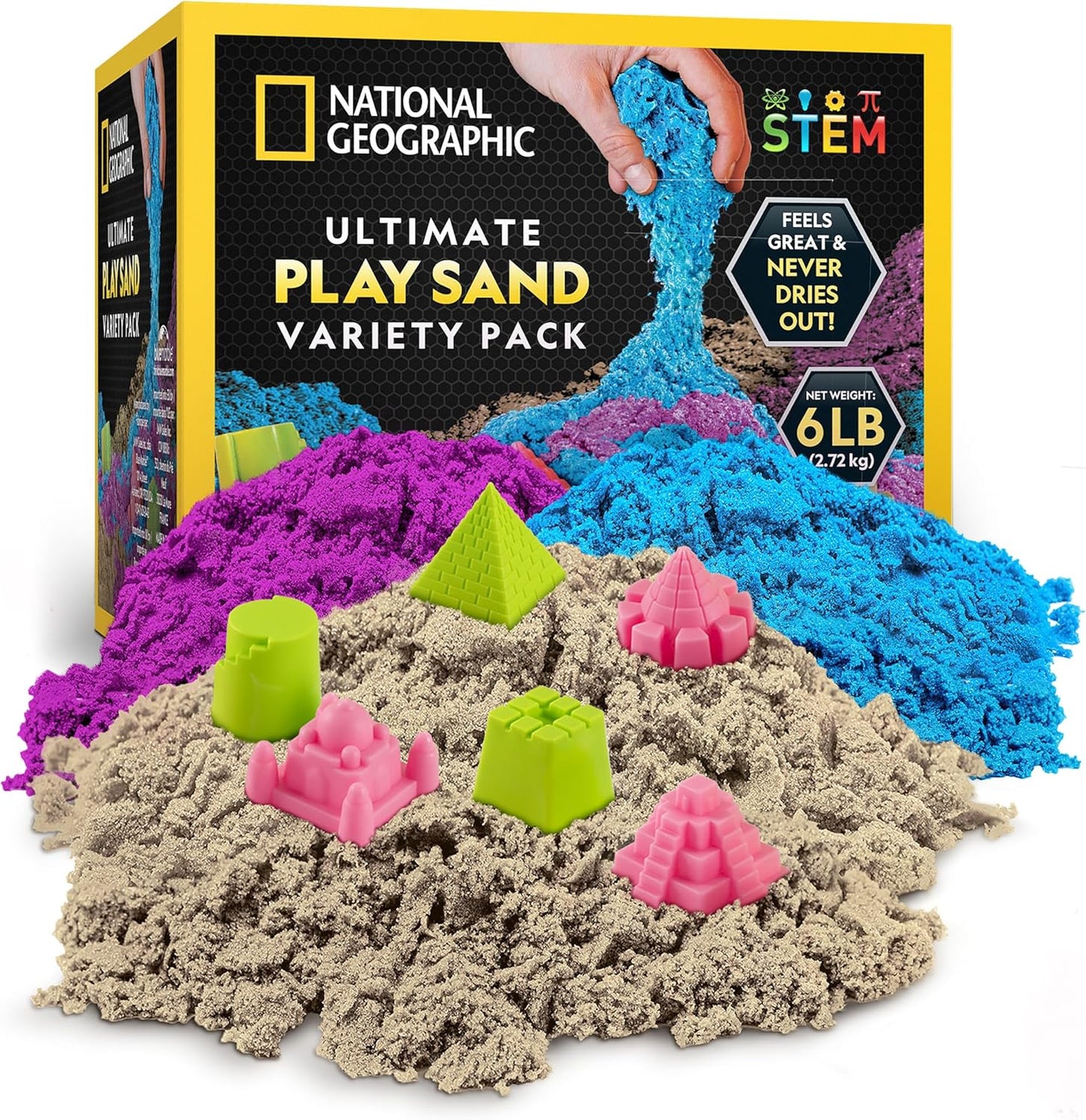 NATIONAL GEOGRAPHIC 2.7 Kg Play Sand Combo Pack - 907 G Each of Blue, Purple and Natural Sand with Castle Molds - a Sensory Activity
