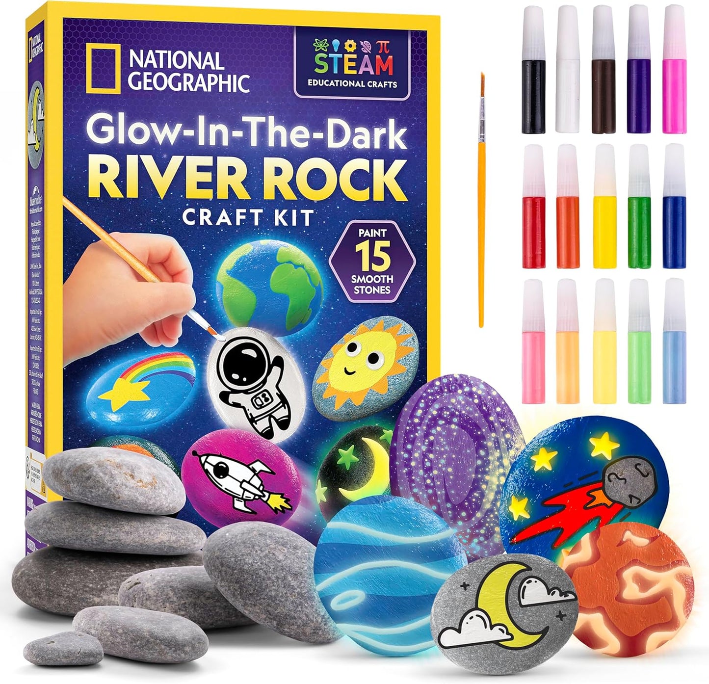 NATIONAL GEOGRAPHIC Glow in the Dark Rock Painting Kit - Arts & Crafts Kit for Kids, Decorate 15 River Rocks with 15 Paints & Art Supplies, Kids Craft
