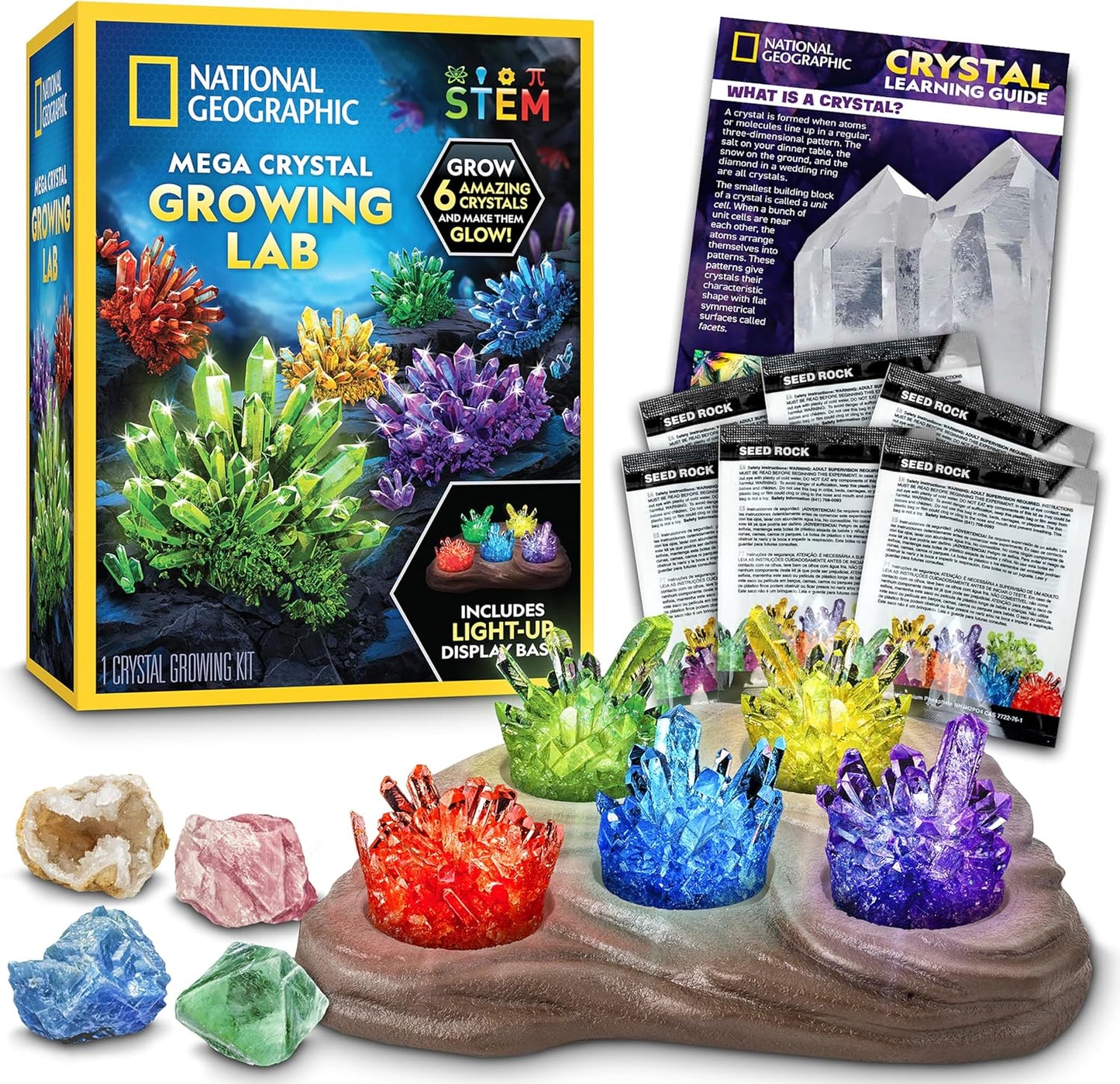 National Geographic Mega Crystal Growing Kit for Kids- Grow 6 Crystals with Light-Up Stand, Science Gifts for Kids 8-12, Crystal Making Experiment, Science Kit for Girls and Boys