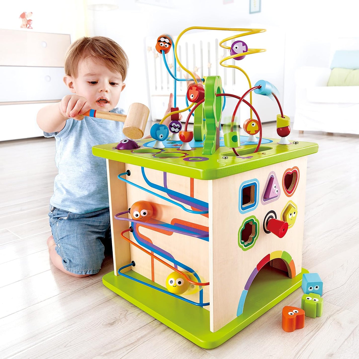 Country Critters Wooden Activity Play Cube by International International International | Wooden Learning Puzzle Toy for Toddlers, 5-Sided Activity Center with Animal Friends, Ss, Mazes, Wooden Balls, S Sorter Blocks and More
