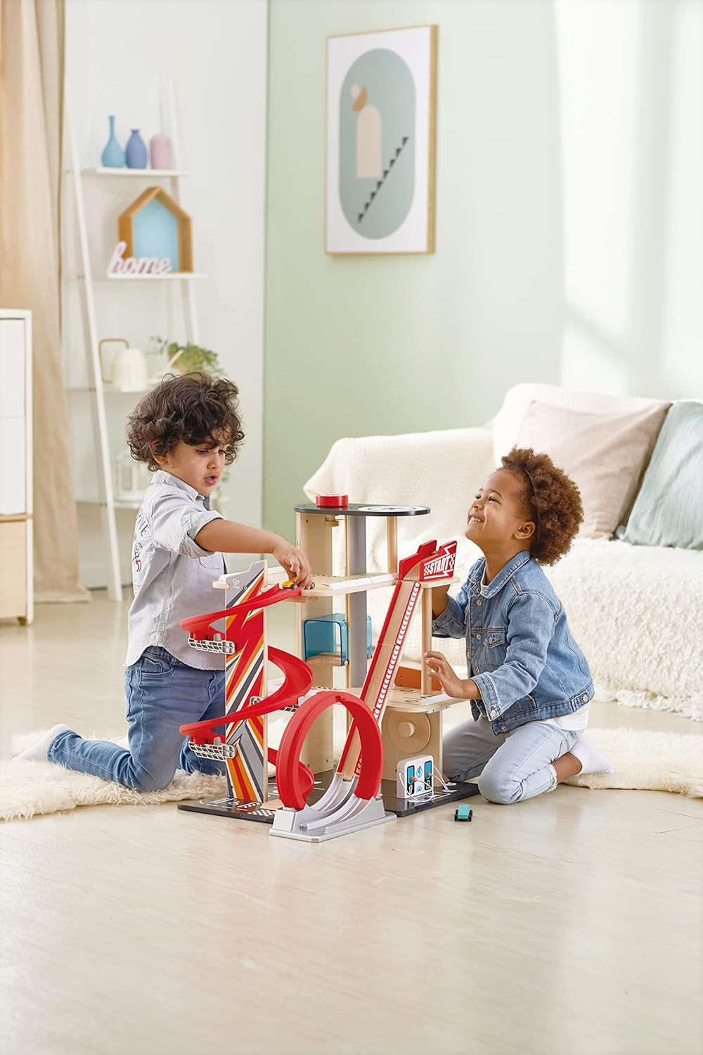 Gearhead Stunt Garage Kids Wooden Toy Car Parking Garage Playset W/ Elevator and 2 Exit Tracks, Detachable Loop, Includes 2 Wooden Toy Racecars