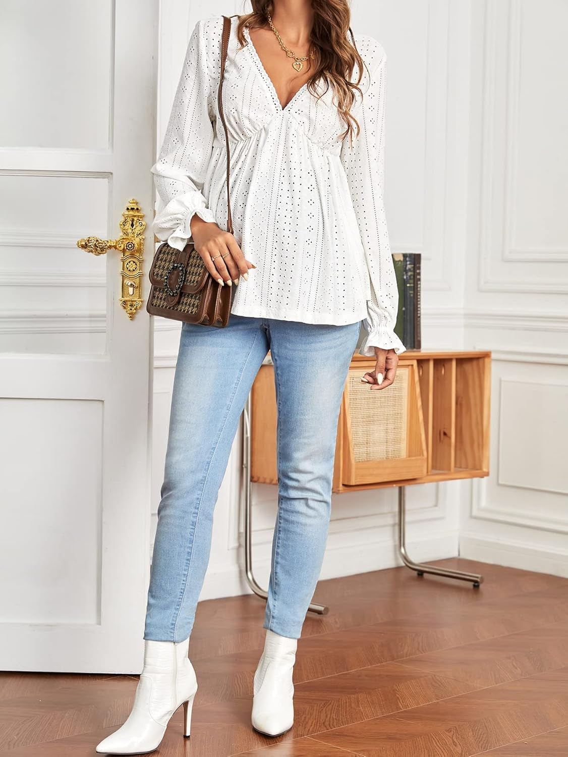 Women'S Maternity Eyelet Embroidery Peplum Tee Flounce Sleeve V Neck Ruffle Hem Shirt Top