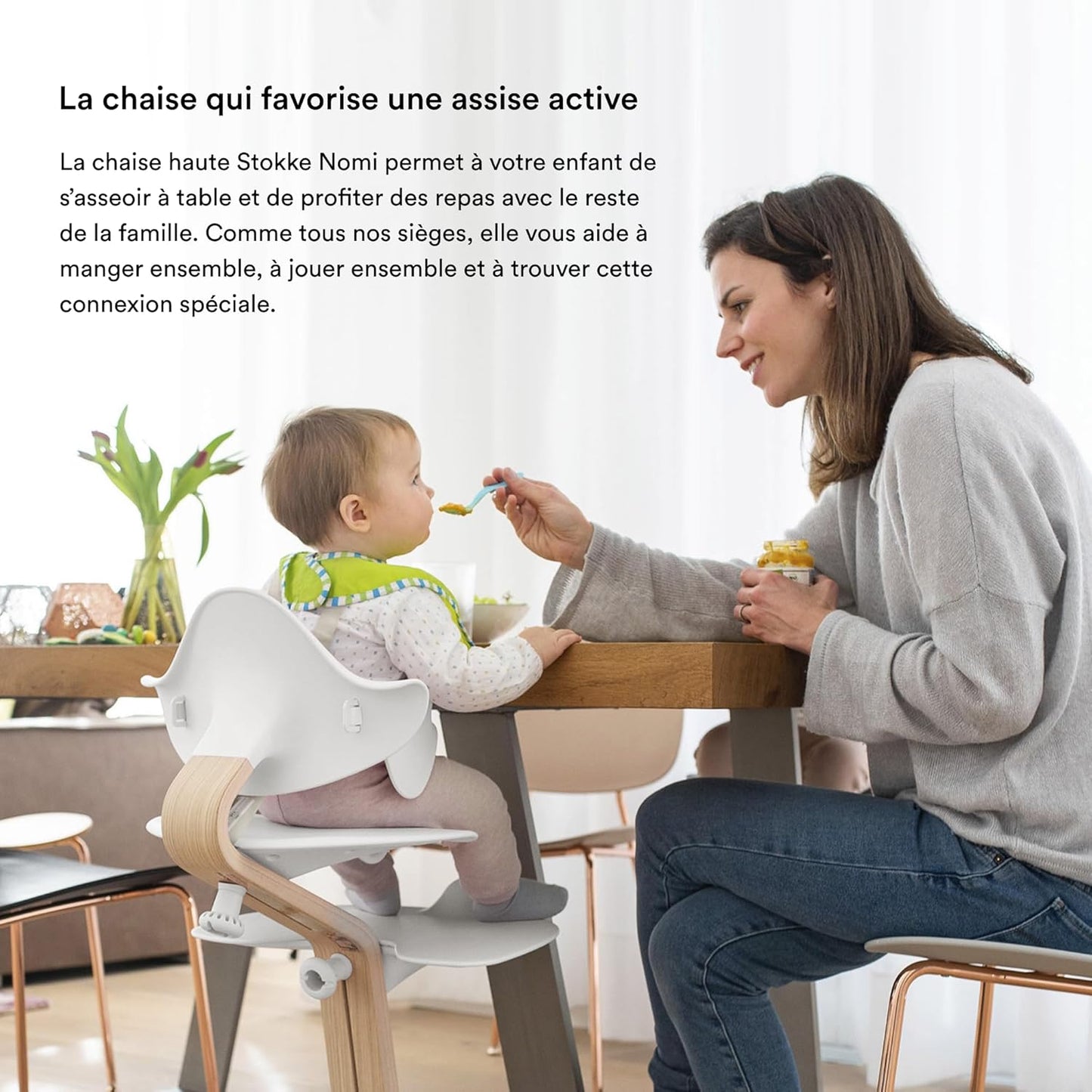 Nomi High Chair, White/Natural - Inspires Active Sitting - Tool-Free, Seamless Adjustability - Includes Baby Set with Removable Harness for Children 6-24 Months