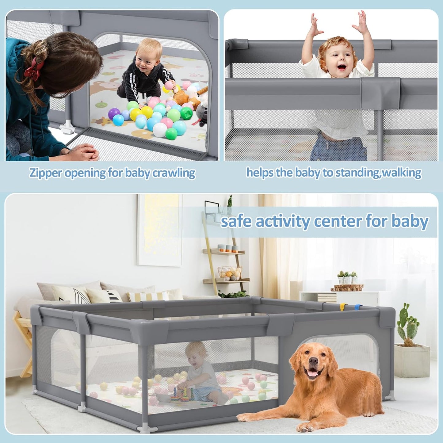 Baby Playpen, 71"X59" Extra Large Playard for Babies and Toddlers, Baby Activity Center with 8 Suction Cup Bases, Infants Play Pen with 2 Gates and Soft Breathable Mesh, without Mat