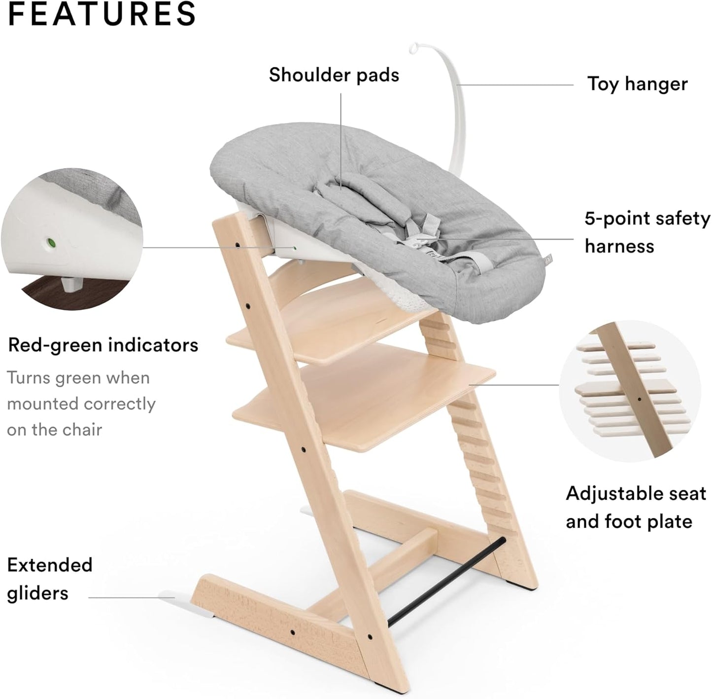 Tripp Trapp Chair from (Natural) + Tripp Trapp Newborn Set (Grey) - Cozy, Safe & Simple to Use - for Newborns up to 20 Lbs