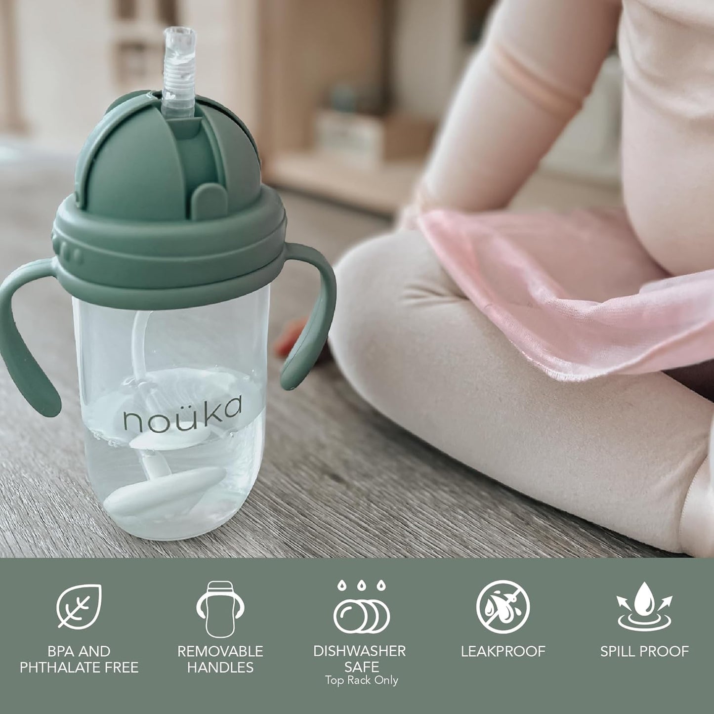 Nouka Weighted Straw Cup with Click Top Lid | Leak Proof and Easy Grip | Removable Handles | Moss