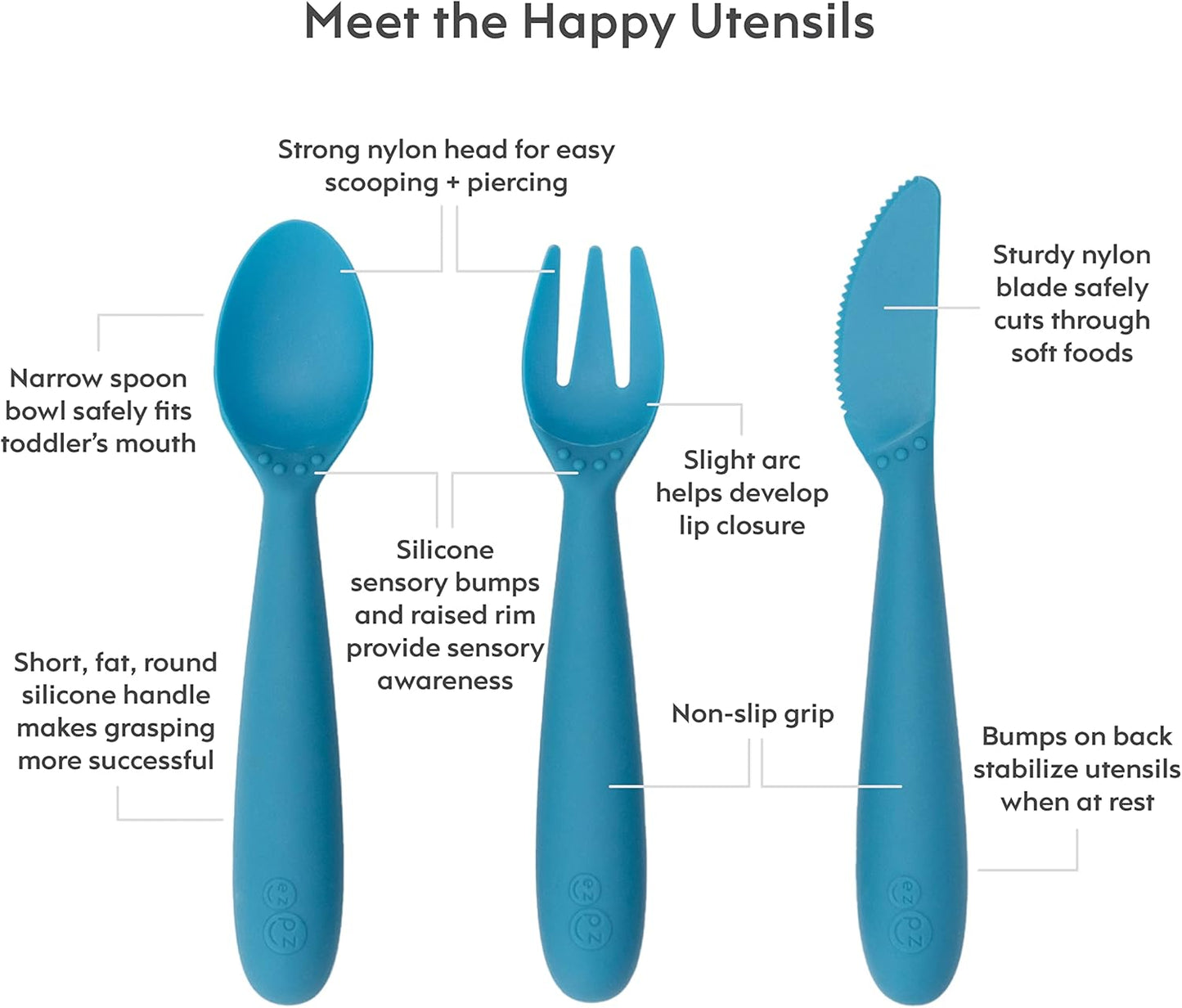 Developmental Utensil Set - 100% BPA Free Fork, Spoon, Knife for Babies, Toddlers and Preschool First Foods + Self-Feeding - Designed by a Pediatric Feeding Specialist (Blue)