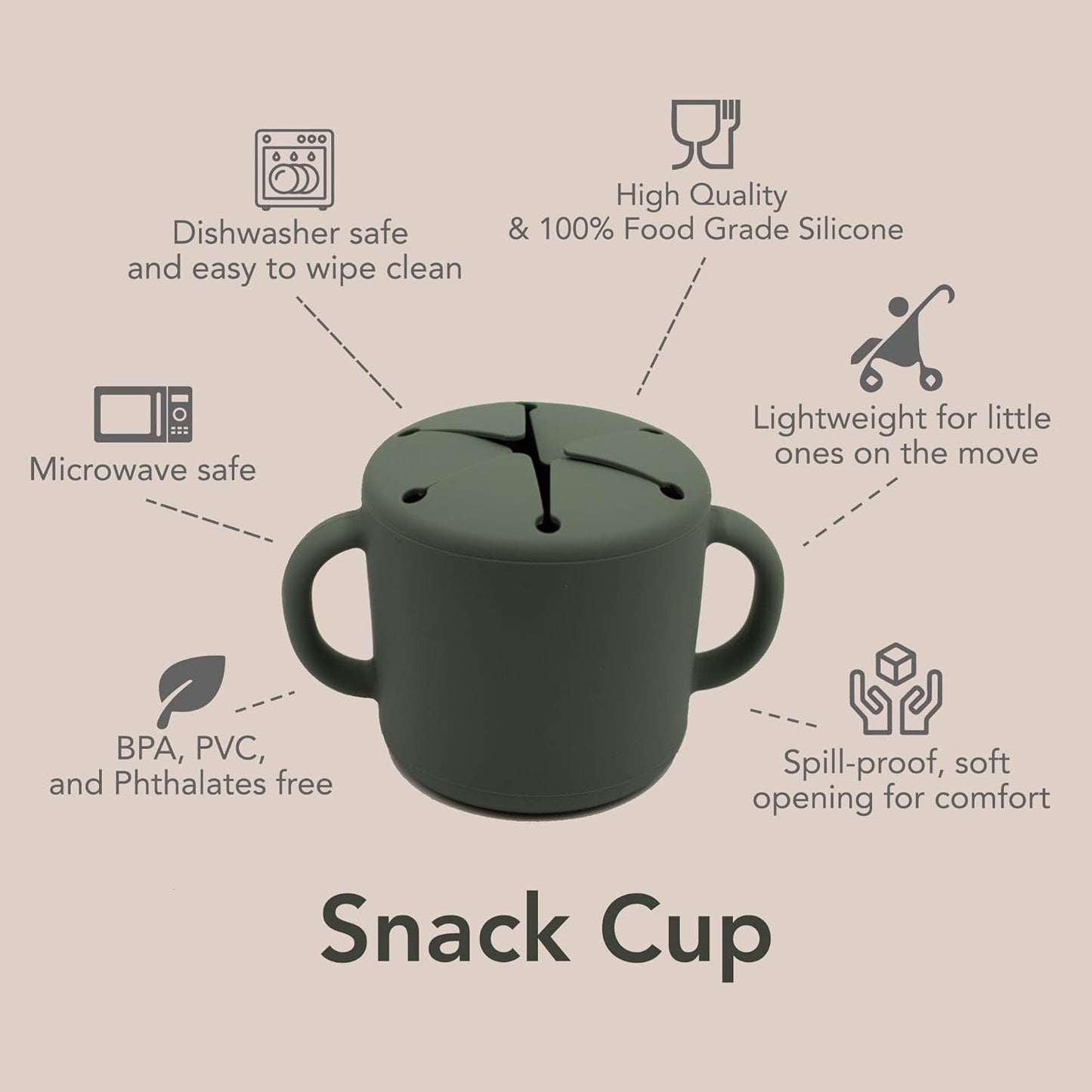 Nouka Snack Cup | 100% Food-Grade Silicone | Soft & Perfect for Snacking | Easy Grip Double Handles | Dishwasher Friendly | Fern | Size 12 Oz