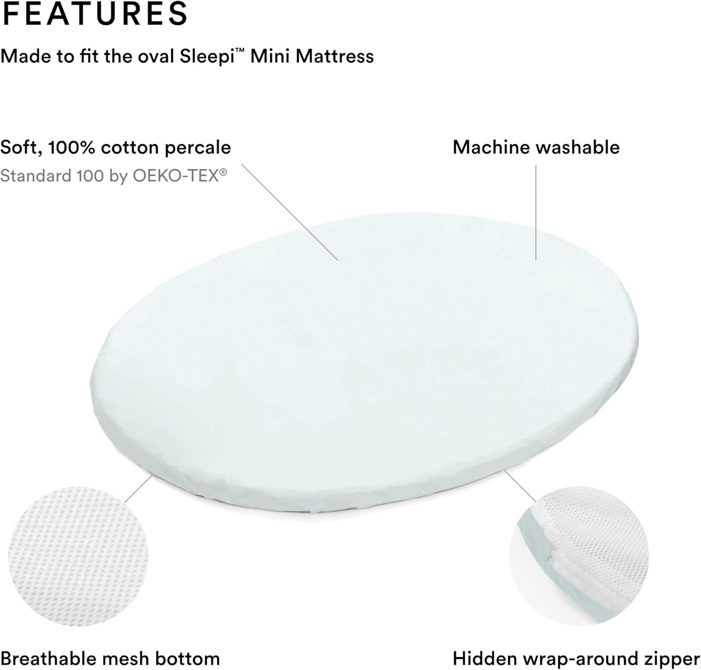 Sleepi Mini Fitted Sheet, Powder Blue - Soft Sheets for Sweet Dreams - Made for the Oval Sleepi Mini Mattress - Safe, Stylish & Washable - 100% Fine Cotton Percale