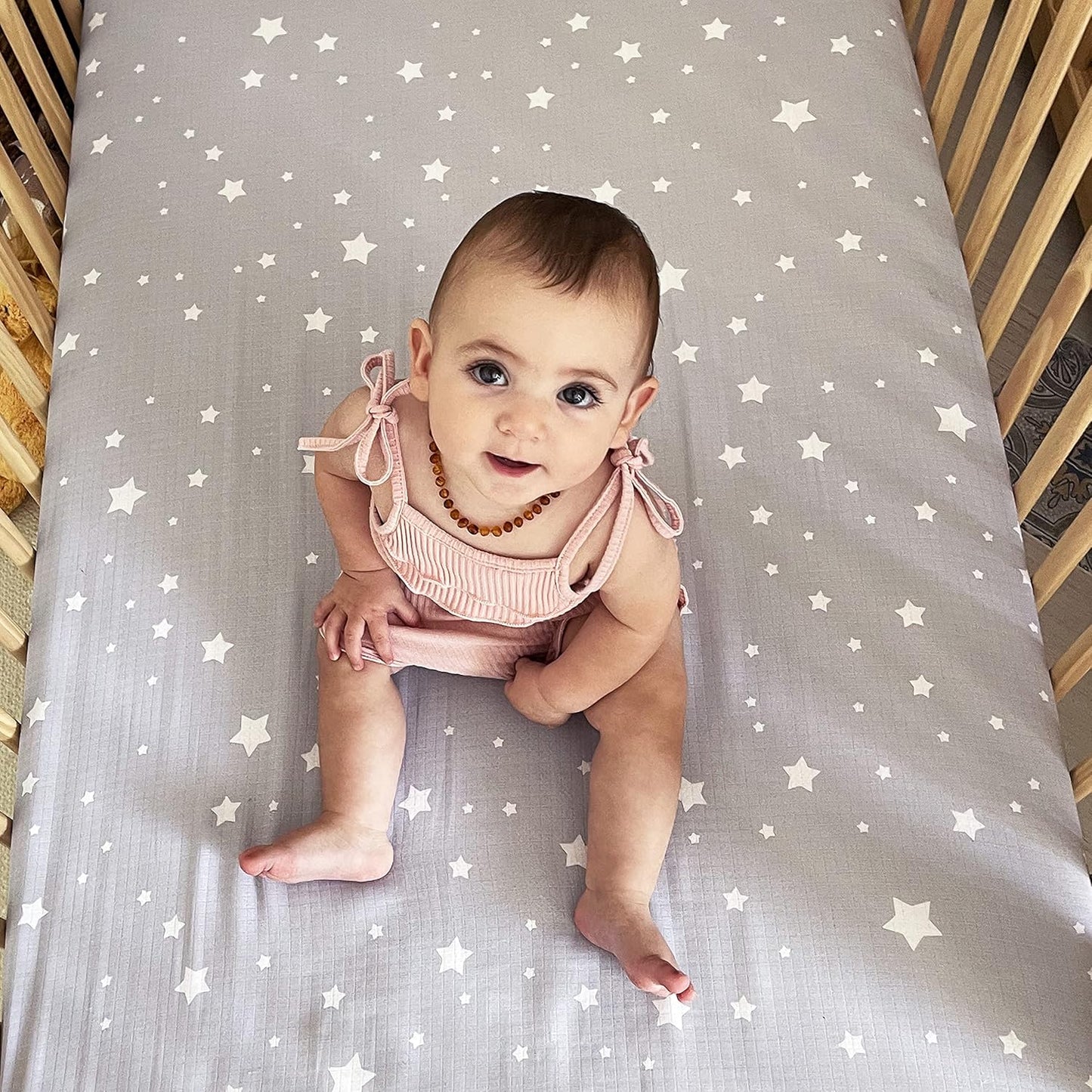 Organic Fitted Crib Sheet (2-Pack) - Ultra-Breathable and Soft, 100% Organic Muslin Cotton, Stardust Print in Twilight Grey + Solid White, Fits All Standard Cribs