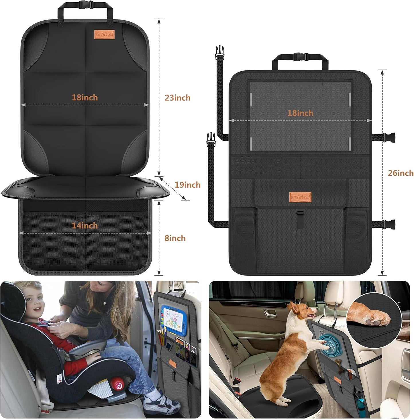 Car Seat Protector + Backseat Car Organizer Kick Mat, Large & Waterproof 600D Fabric Child Auto Carseat Protectors Saver for Baby Sit with Storage Pockets for Leather and Fabric Car Seat