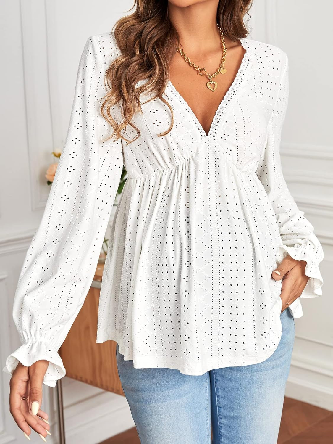 Women'S Maternity Eyelet Embroidery Peplum Tee Flounce Sleeve V Neck Ruffle Hem Shirt Top