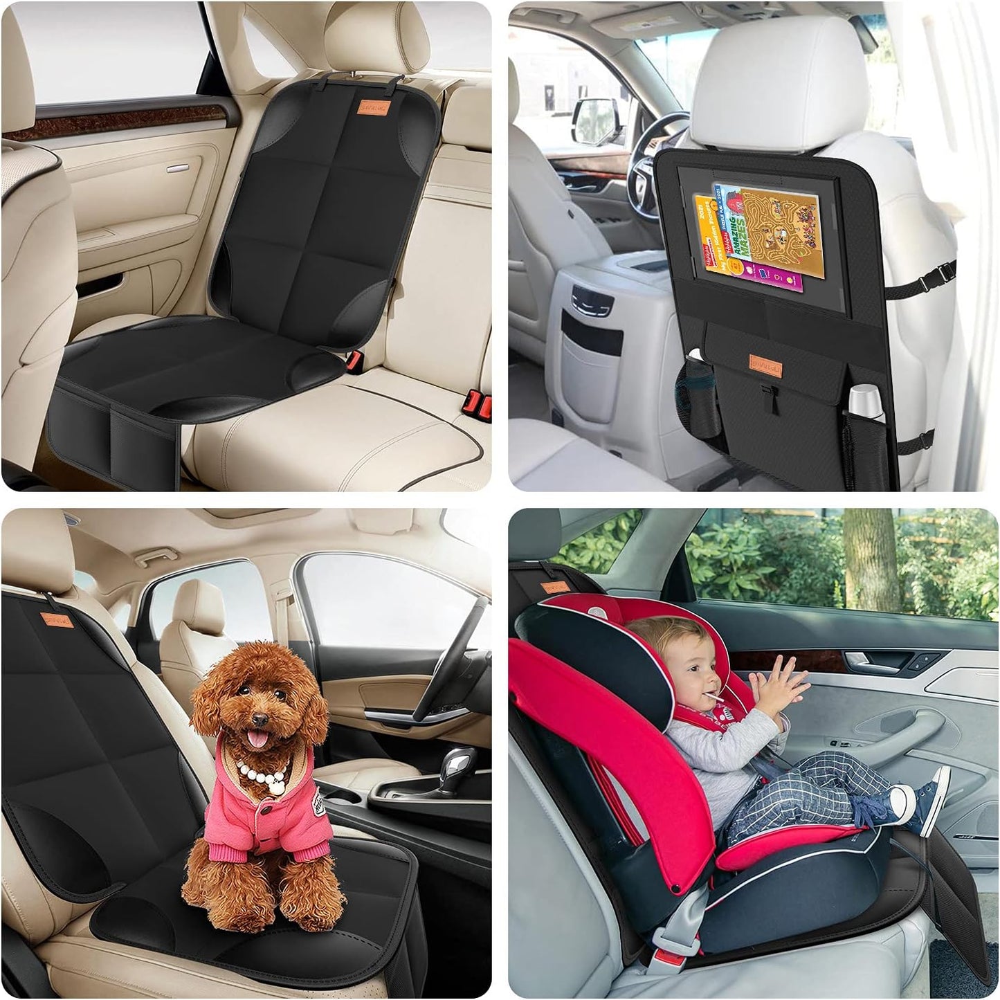 Car Seat Protector + Backseat Car Organizer Kick Mat, Large & Waterproof 600D Fabric Child Auto Carseat Protectors Saver for Baby Sit with Storage Pockets for Leather and Fabric Car Seat
