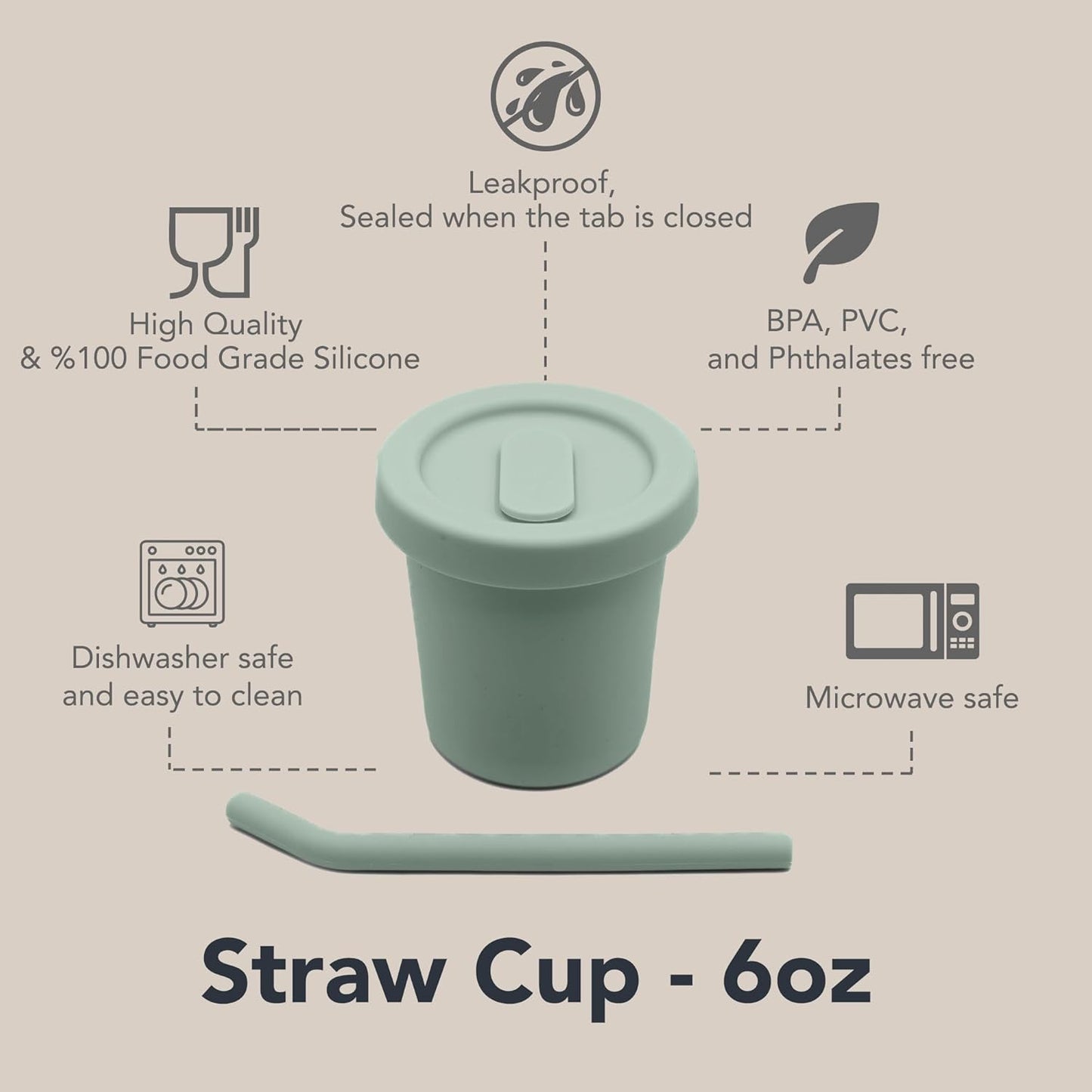 Nouka Straw Cup | 100% Food-Grade Silicone | Spill-Proof | Non-Slip & Soft | Dishwasher Friendly | Almond | Size 6 Oz