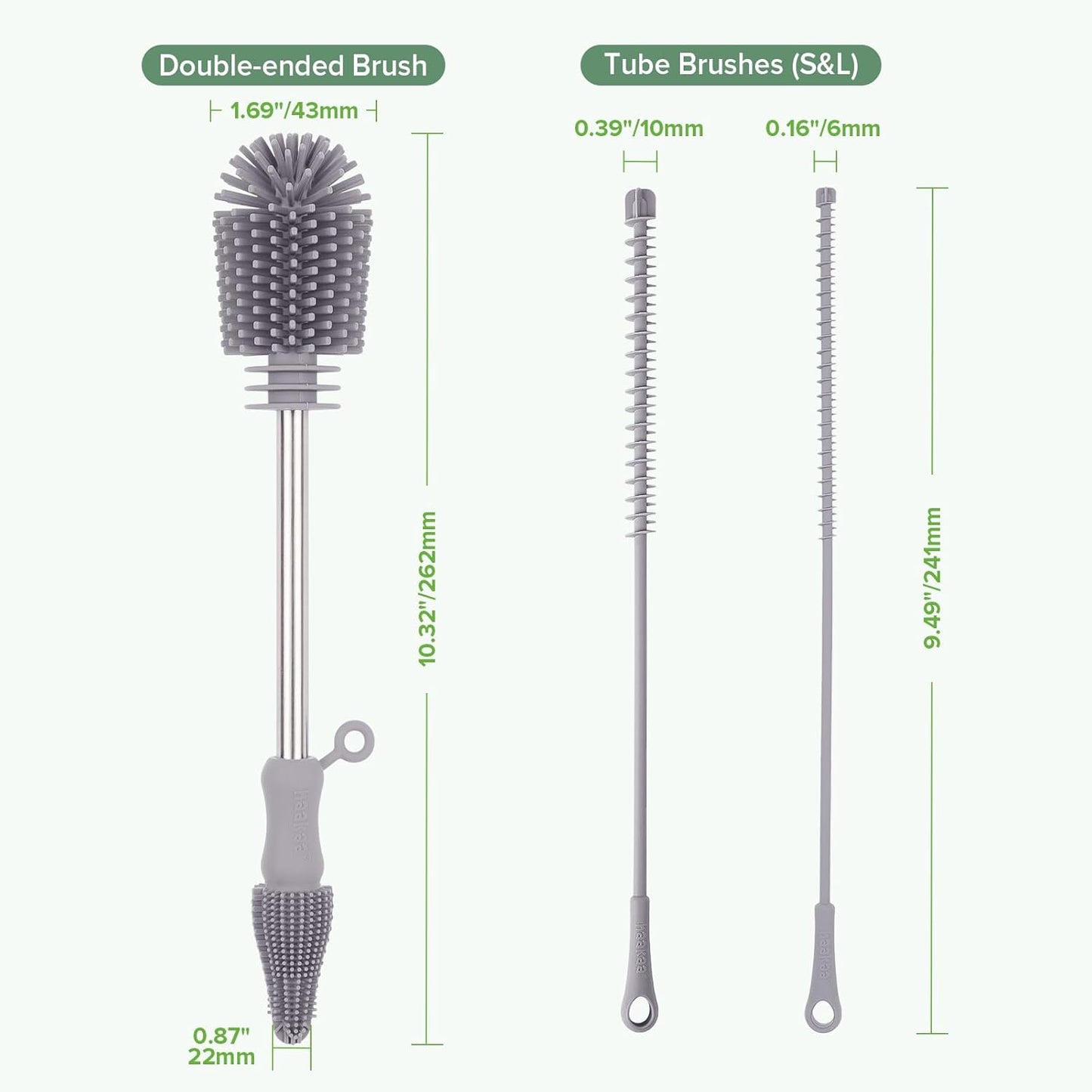 Silicone Cleaning Brush Kit - SUVA Grey - Bottle Brush for Breast Pumps, Breast Milk Collector, Baby Bottles, Nipples, Breastmilk Storage Bags