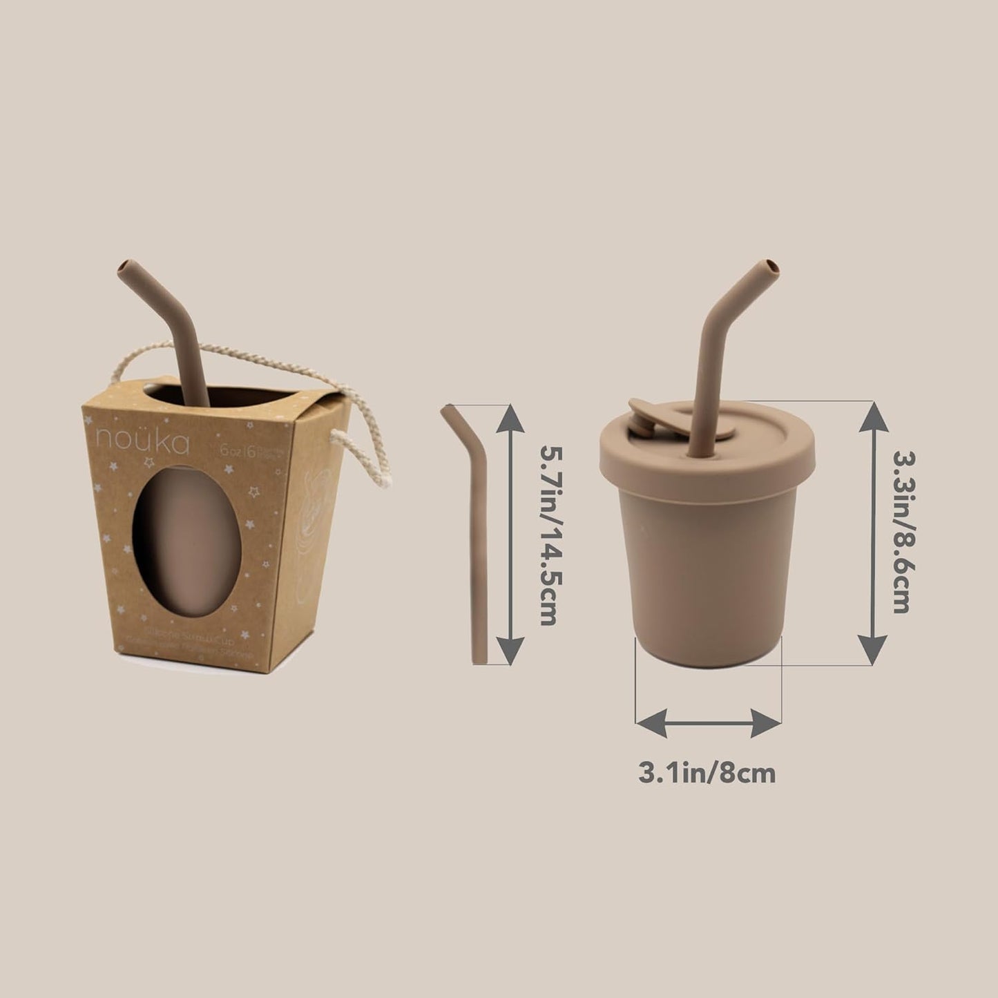 Nouka Straw Cup | 100% Food-Grade Silicone | Spill-Proof | Non-Slip & Soft | Dishwasher Friendly | Almond | Size 6 Oz