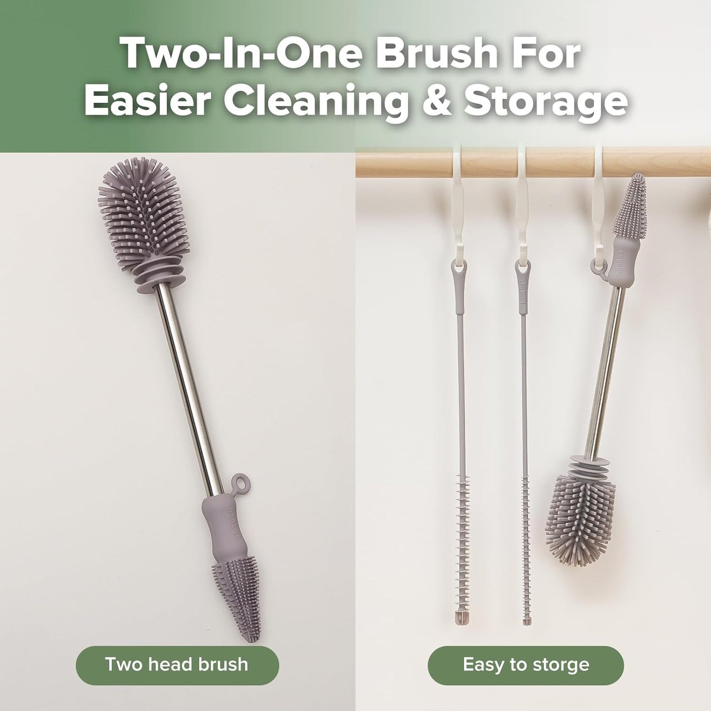 Silicone Cleaning Brush Kit - SUVA Grey - Bottle Brush for Breast Pumps, Breast Milk Collector, Baby Bottles, Nipples, Breastmilk Storage Bags