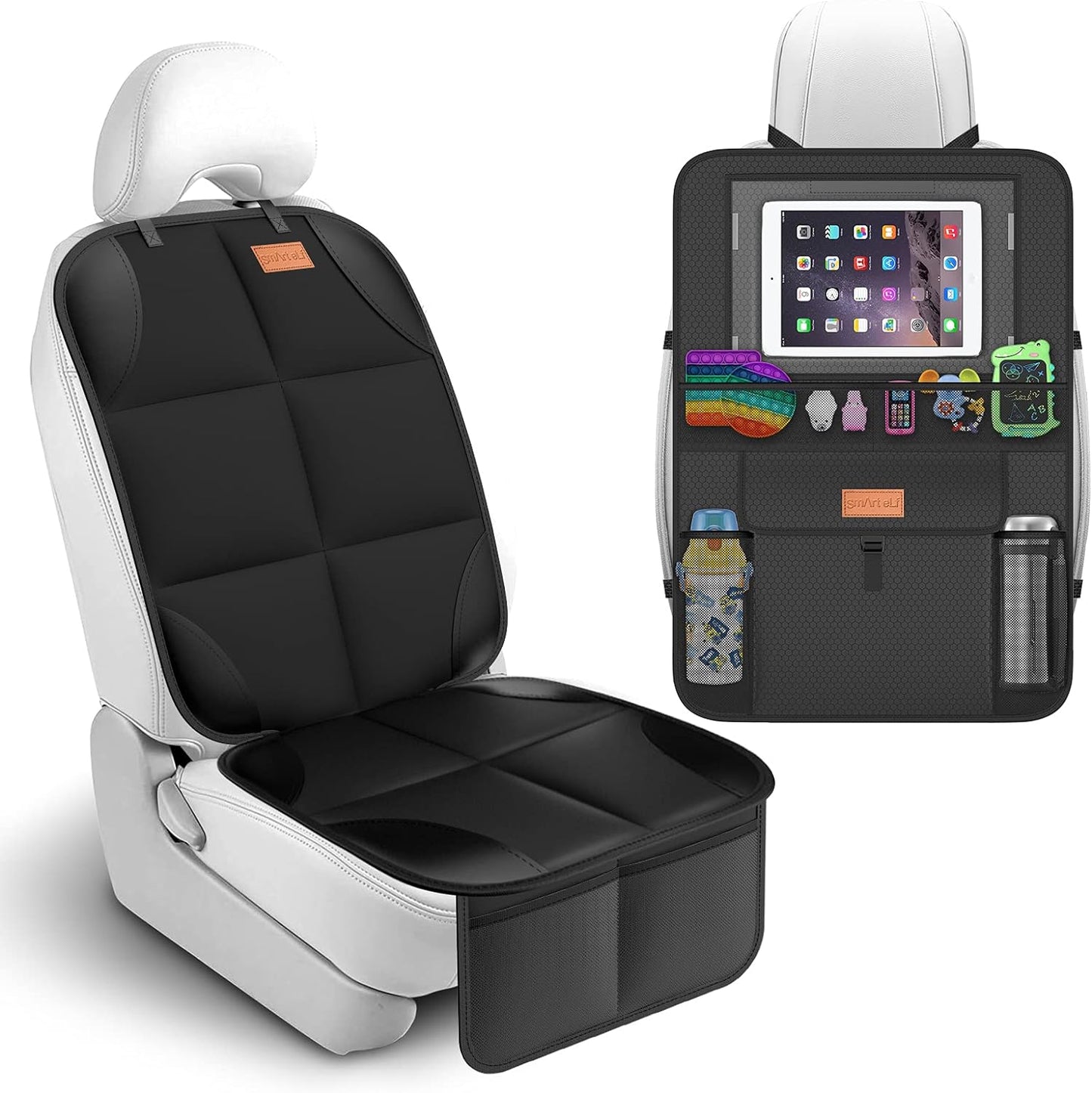Car Seat Protector + Backseat Car Organizer Kick Mat, Large & Waterproof 600D Fabric Child Auto Carseat Protectors Saver for Baby Sit with Storage Pockets for Leather and Fabric Car Seat