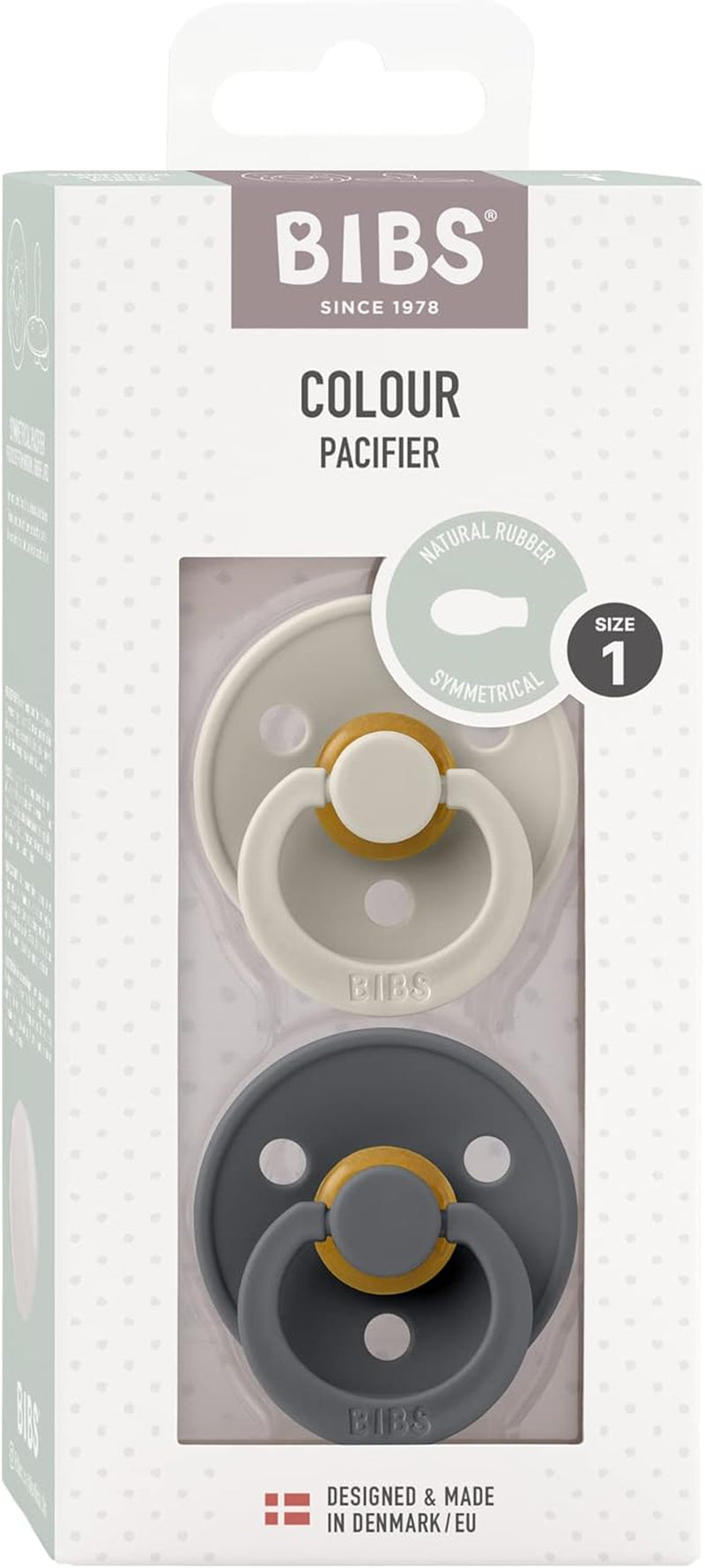 Pacifiers - Set of 2 | Colour Pacifier with Symmetrical Nipple | Bpa-Free Natural Rubber | Made in Denmark | Sand/Iron | Size 0-6 Months