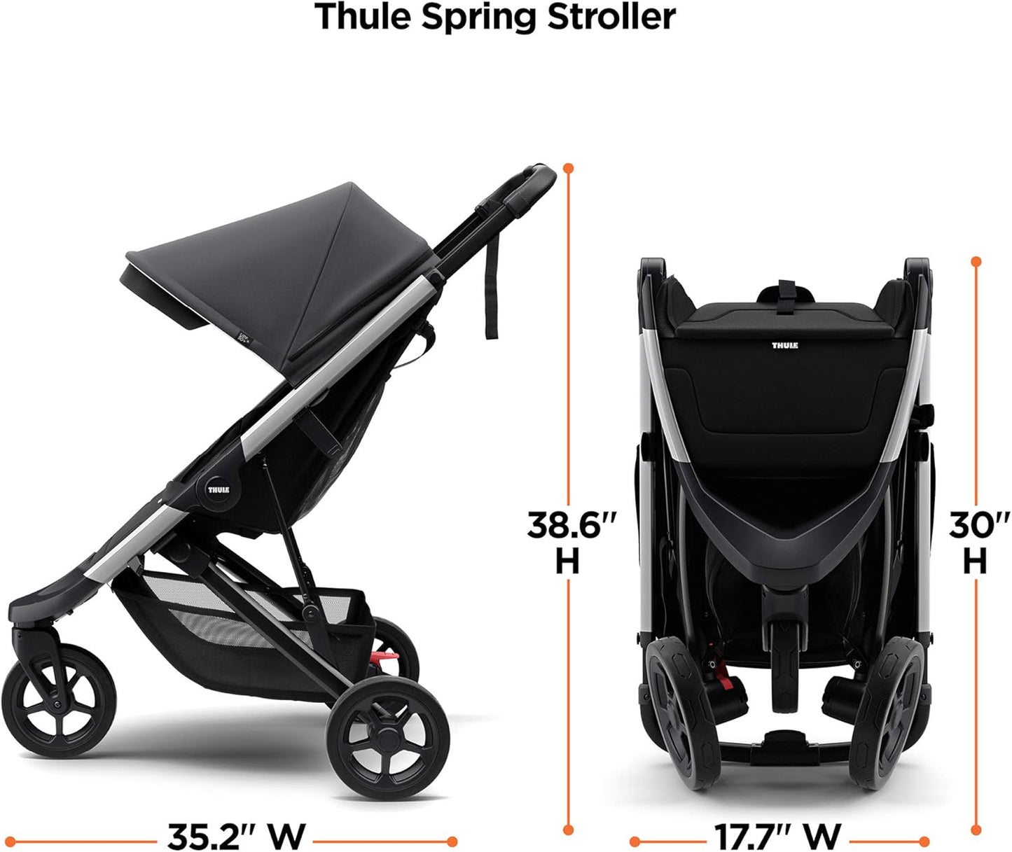 Spring Stroller - Compact Baby Stroller Perfect for Everyday Use - Features 5-Point Harness, Lightweight and Compact Design, Vented Canopy with See-Through Mesh, Padded Reclining Seat Shadow Grey